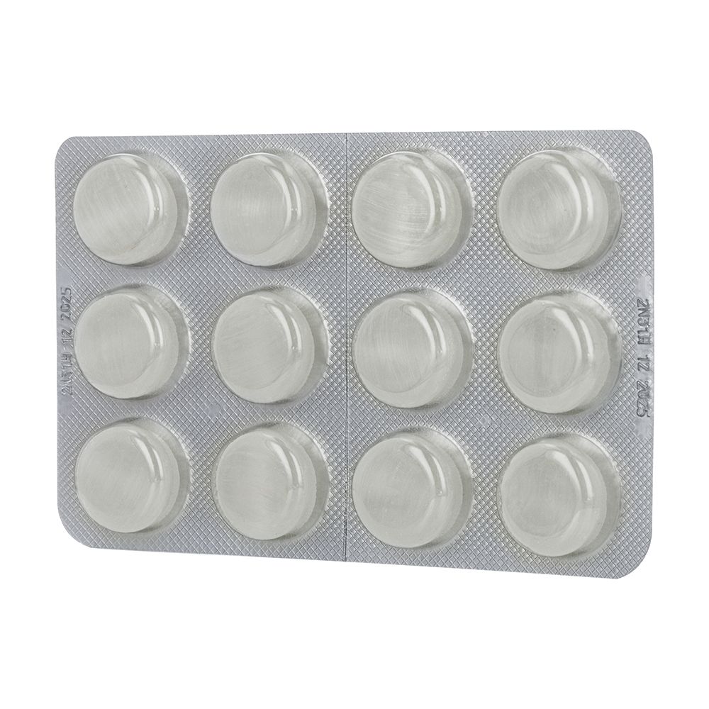 Plaquette de 12 pastilles Drill. Pastilles rondes blanches dans des alvéoles transparentes.