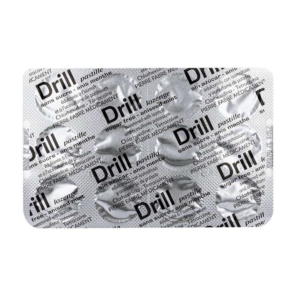 Plaquette de pastilles Drill. Texte : Drill, Anis Menthe, sans sucre. Pierre Fabre Médicament.