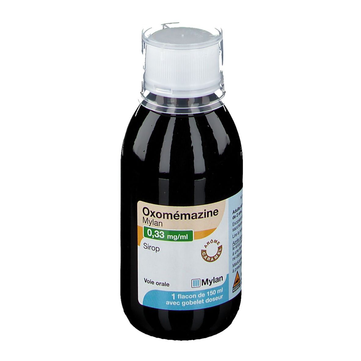 Flacon de sirop Oxomémazine Mylan 0,33 mg/ml. Ingrédients et informations sur l'emballage. Voie orale.