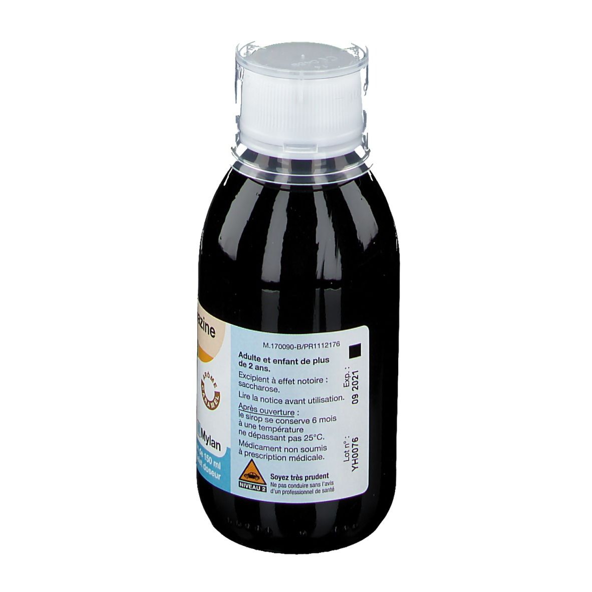 Dos de flacon de sirop Oxomémazine Mylan. Ingrédients, avertissements et date de péremption. Pour adultes et enfants.