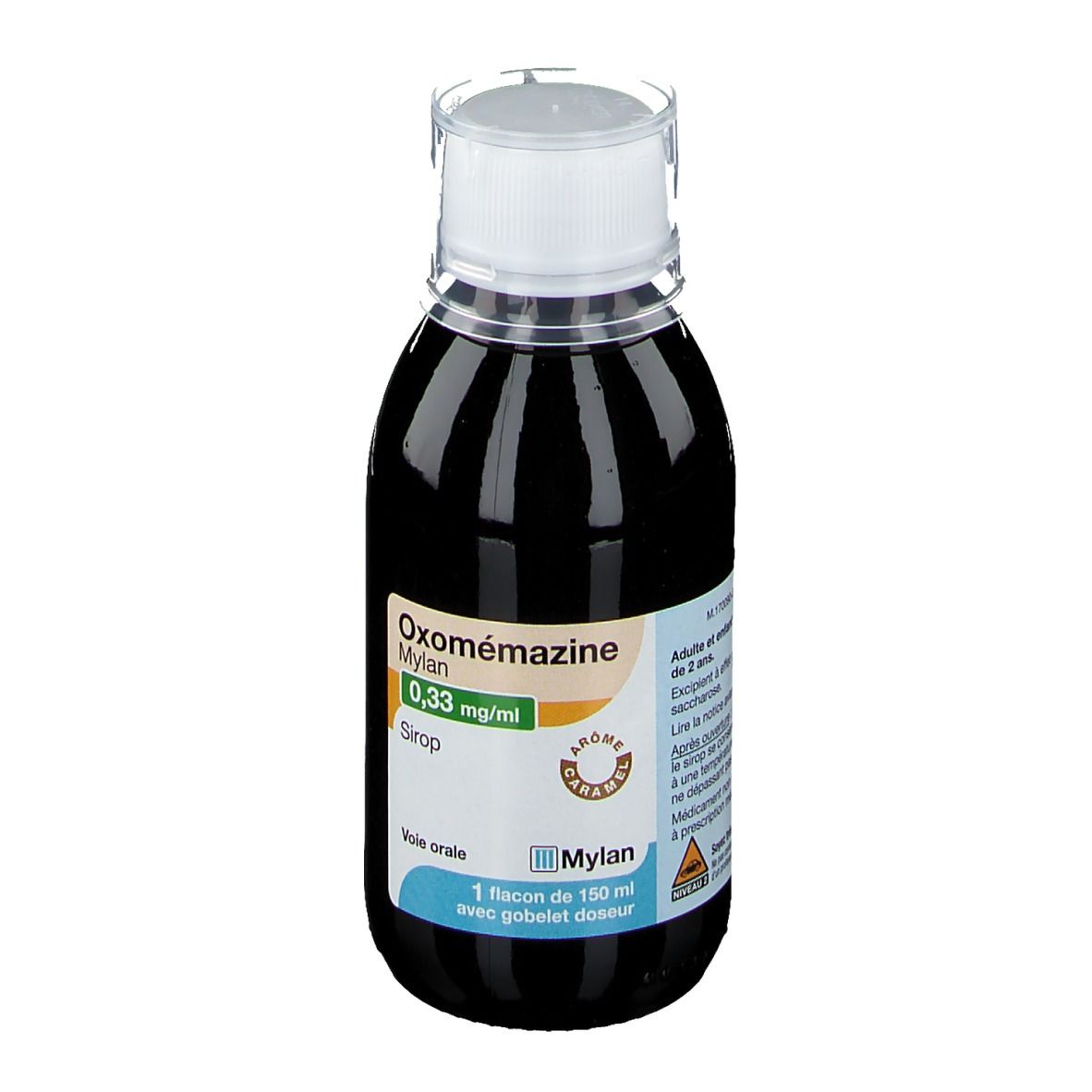 Flacon de sirop Oxomémazine Mylan 0,33 mg/ml. Informations sur l'emballage. Voie orale.