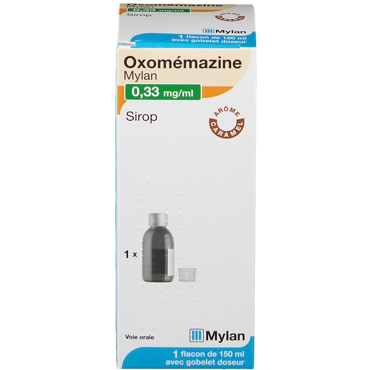 Boîte avec flacon et gobelet doseur. Oxomémazine Mylan 0,33 mg/ml, sirop. Voie orale.