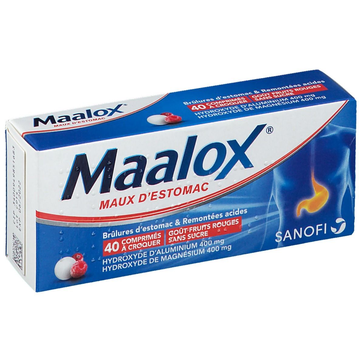 Boîte bleue et blanche "Maalox Maux d'Estomac". Contient 40 comprimés. Illustration d'un estomac.