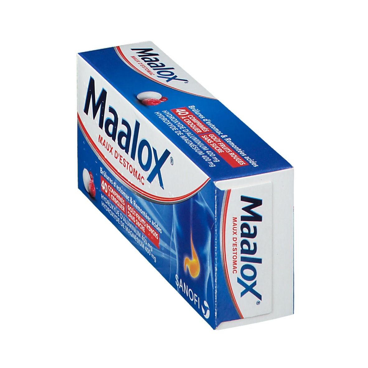 Boîte "Maalox Maux d'Estomac" en perspective. Couleurs bleu et blanc. Contient 40 comprimés.