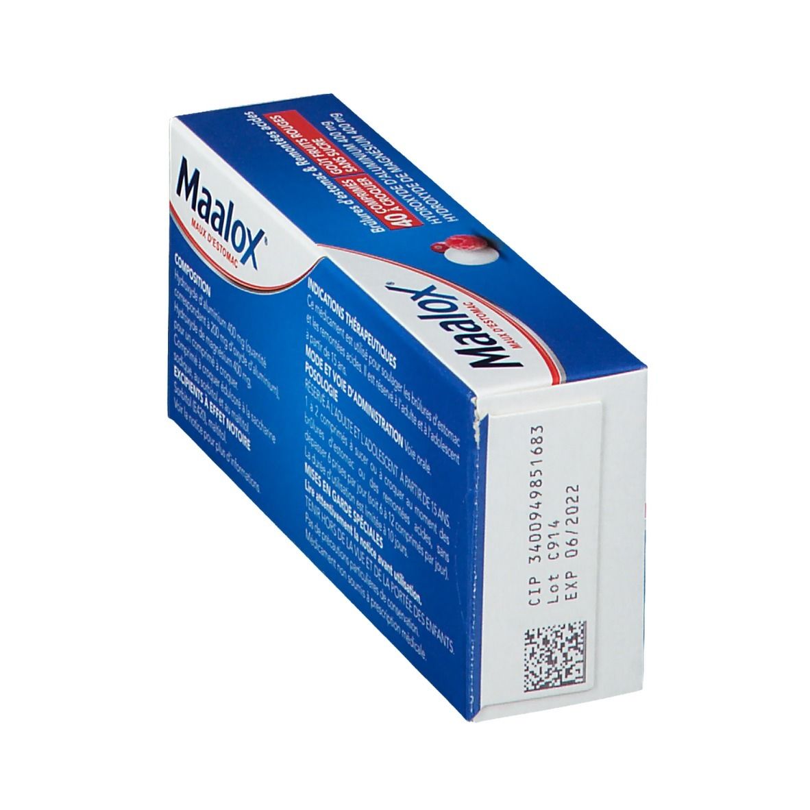 Vue latérale de la boîte "Maalox Maux d'Estomac". Avec numéro de lot et date de péremption.