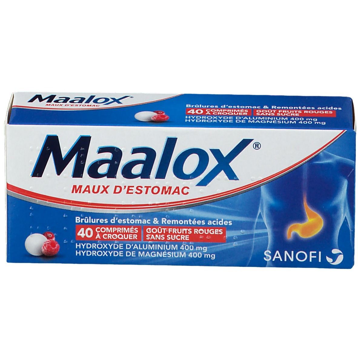 Boîte "Maalox Maux d'Estomac". Contient 40 comprimés. Illustration d'un estomac. Marque SANOFI.