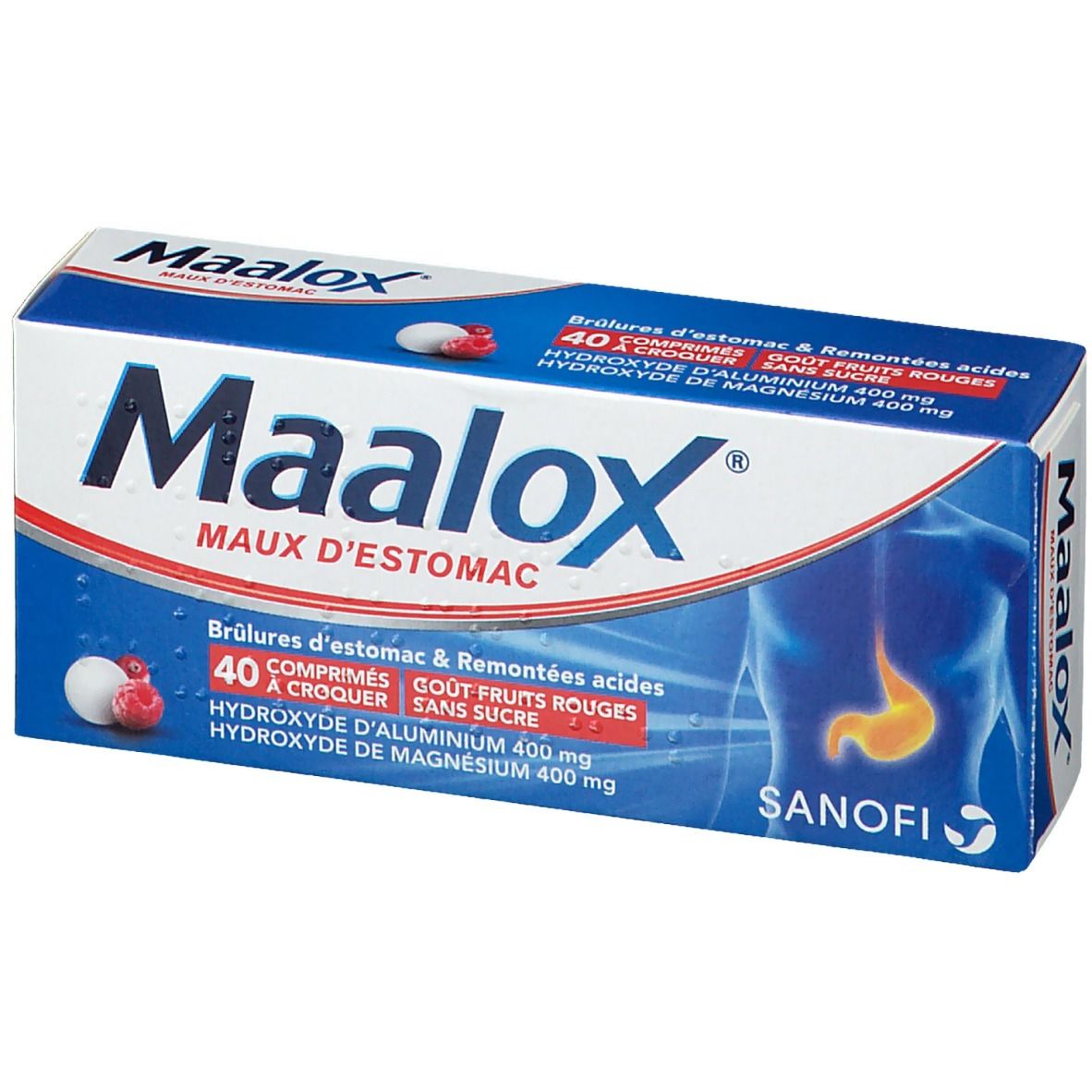 Boîte "Maalox Maux d'Estomac". Contient 40 comprimés. Illustration d'un estomac. Marque SANOFI.