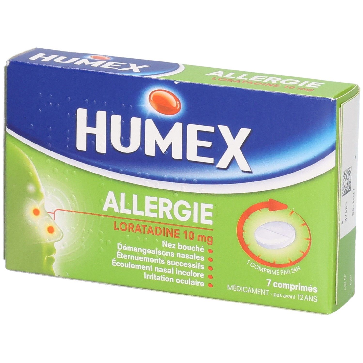 Boîte Humex Allergie. Emballage bleu et vert avec logo et nom du produit. Contient 7 comprimés.