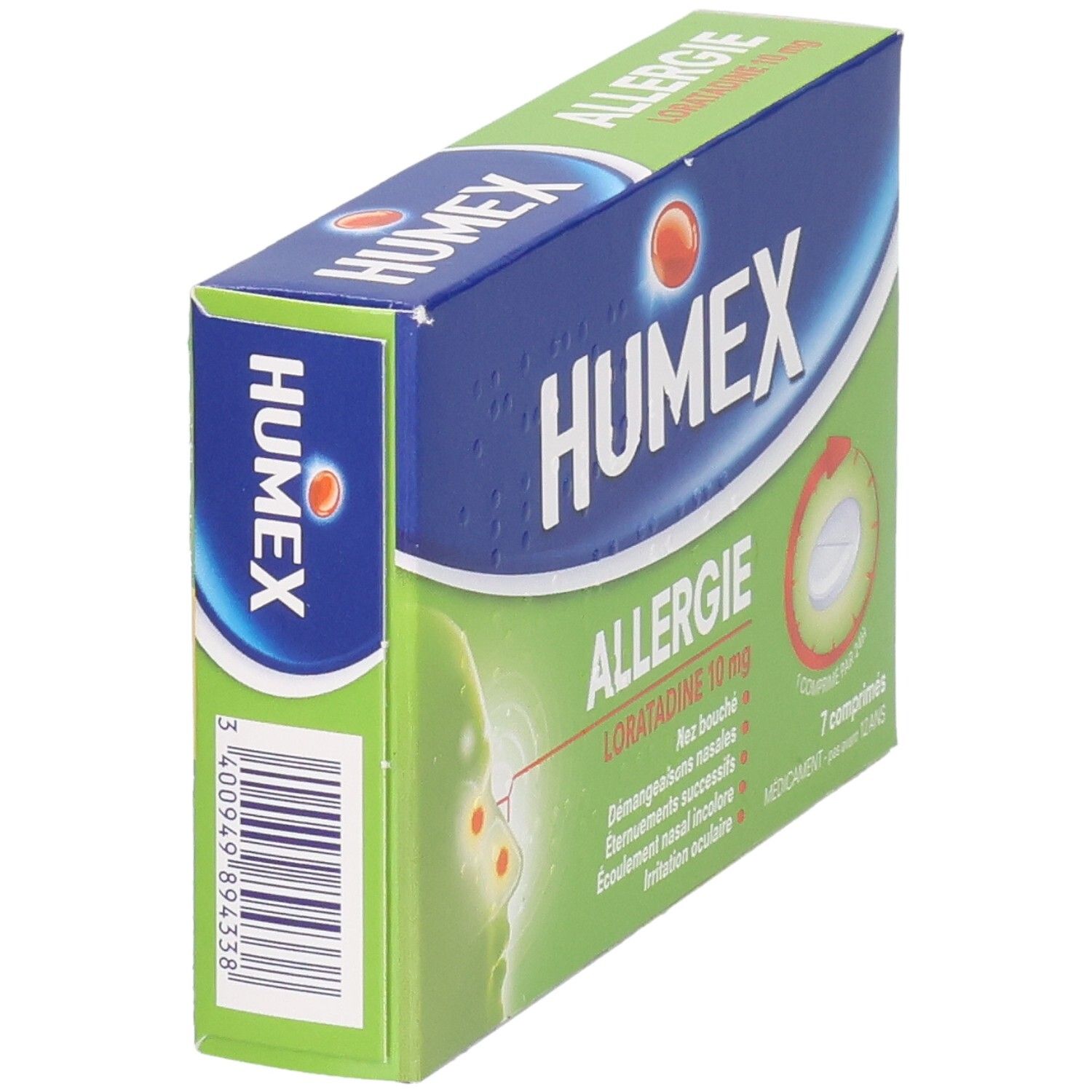 Boîte Humex Allergie, vue latérale. Emballage bleu et vert avec logo et nom du produit. 7 comprimés.