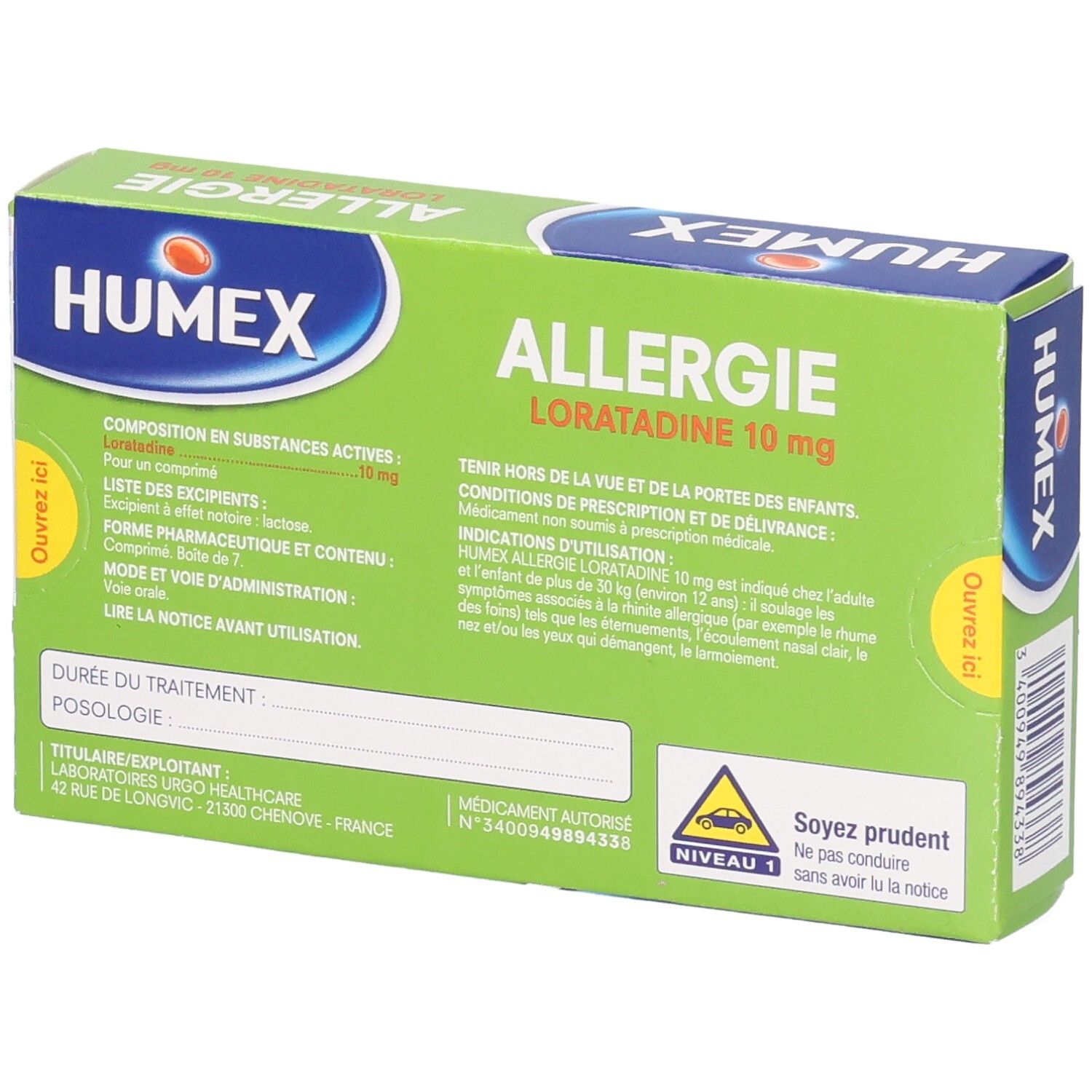 Dos de la boîte Humex Allergie. Emballage vert avec texte et logo. Contient des informations sur le produit.