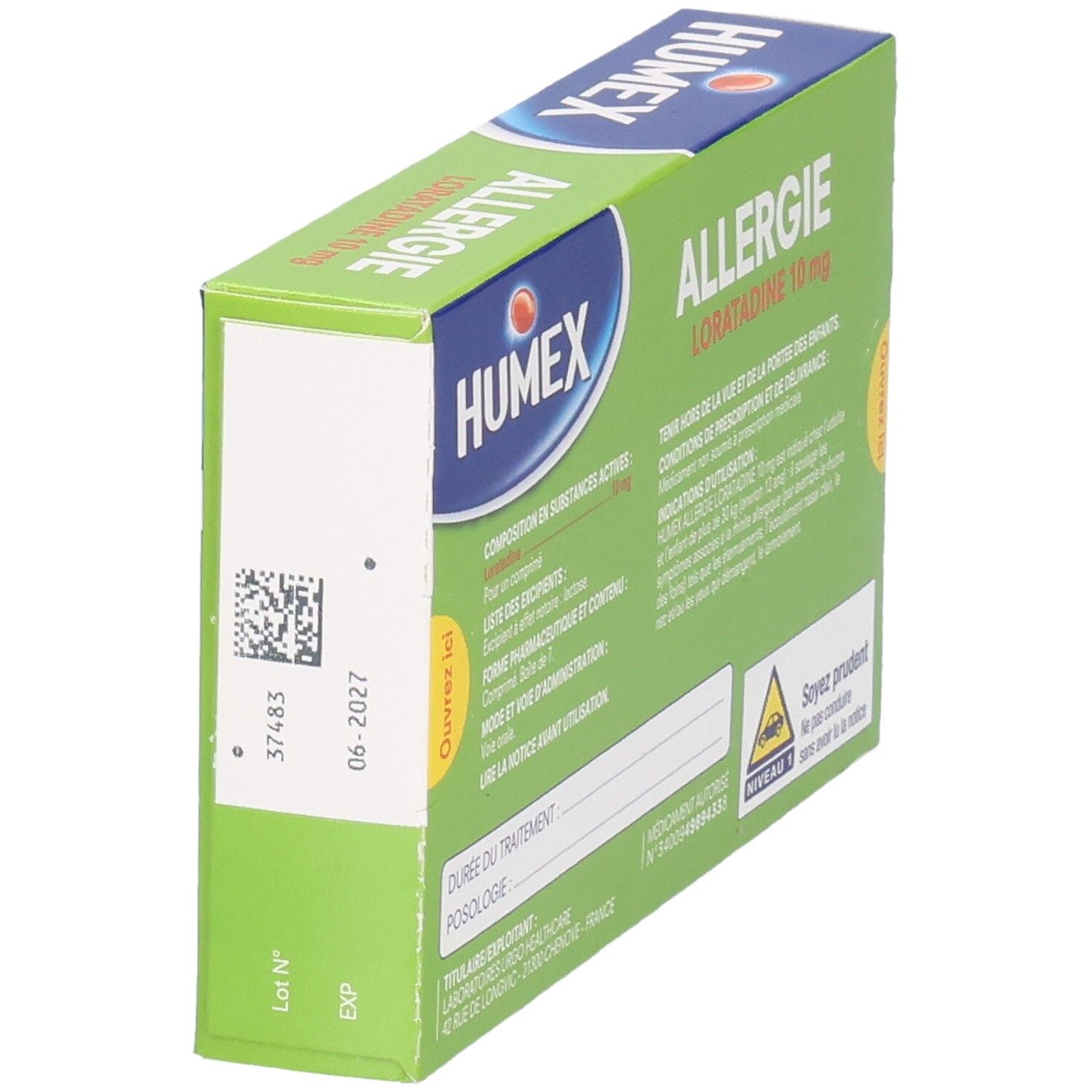 Vue latérale de la boîte Humex Allergie. Emballage vert avec texte et logo. Contient des informations.