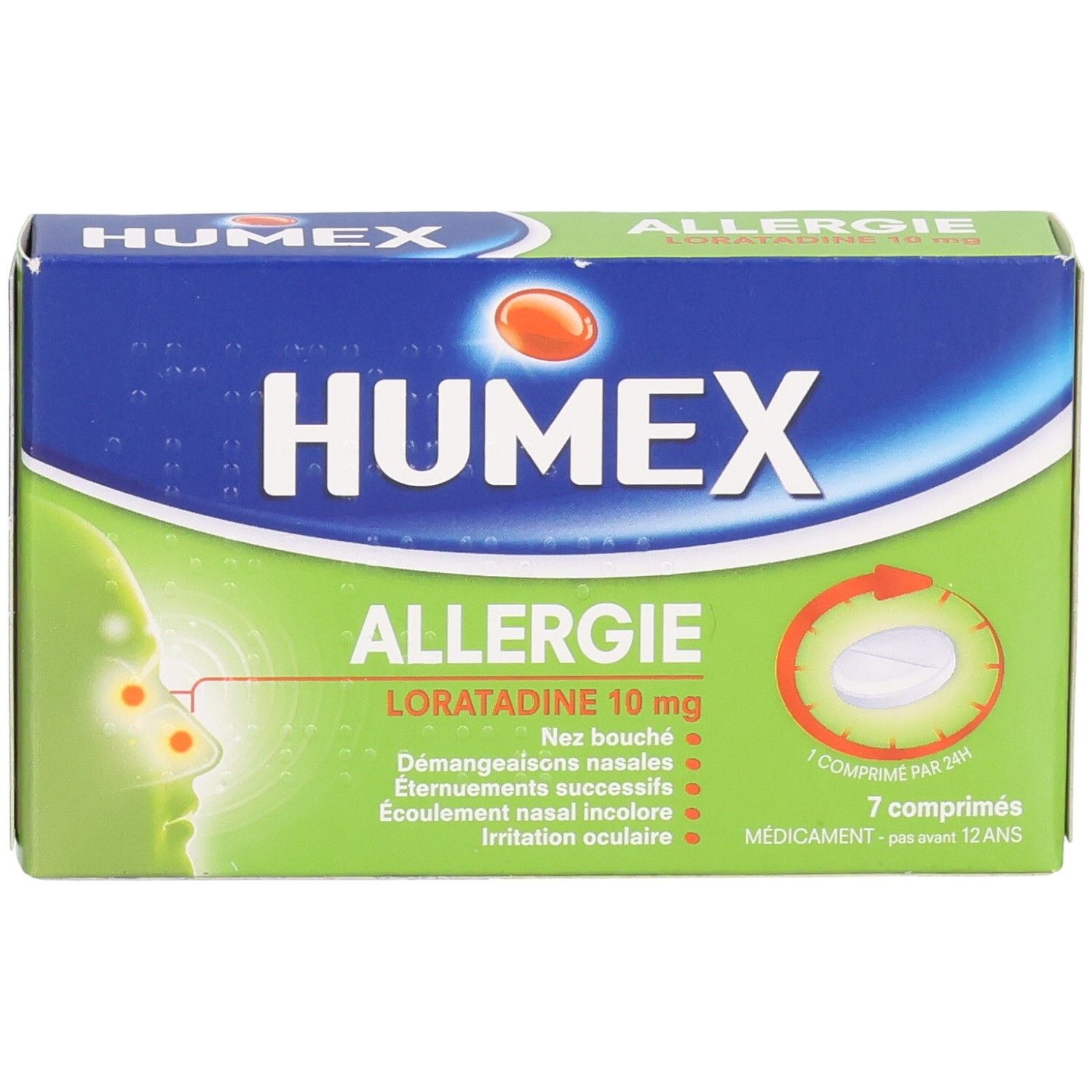 Boîte Humex Allergie. Emballage bleu et vert avec logo et nom du produit. Contient 7 comprimés.