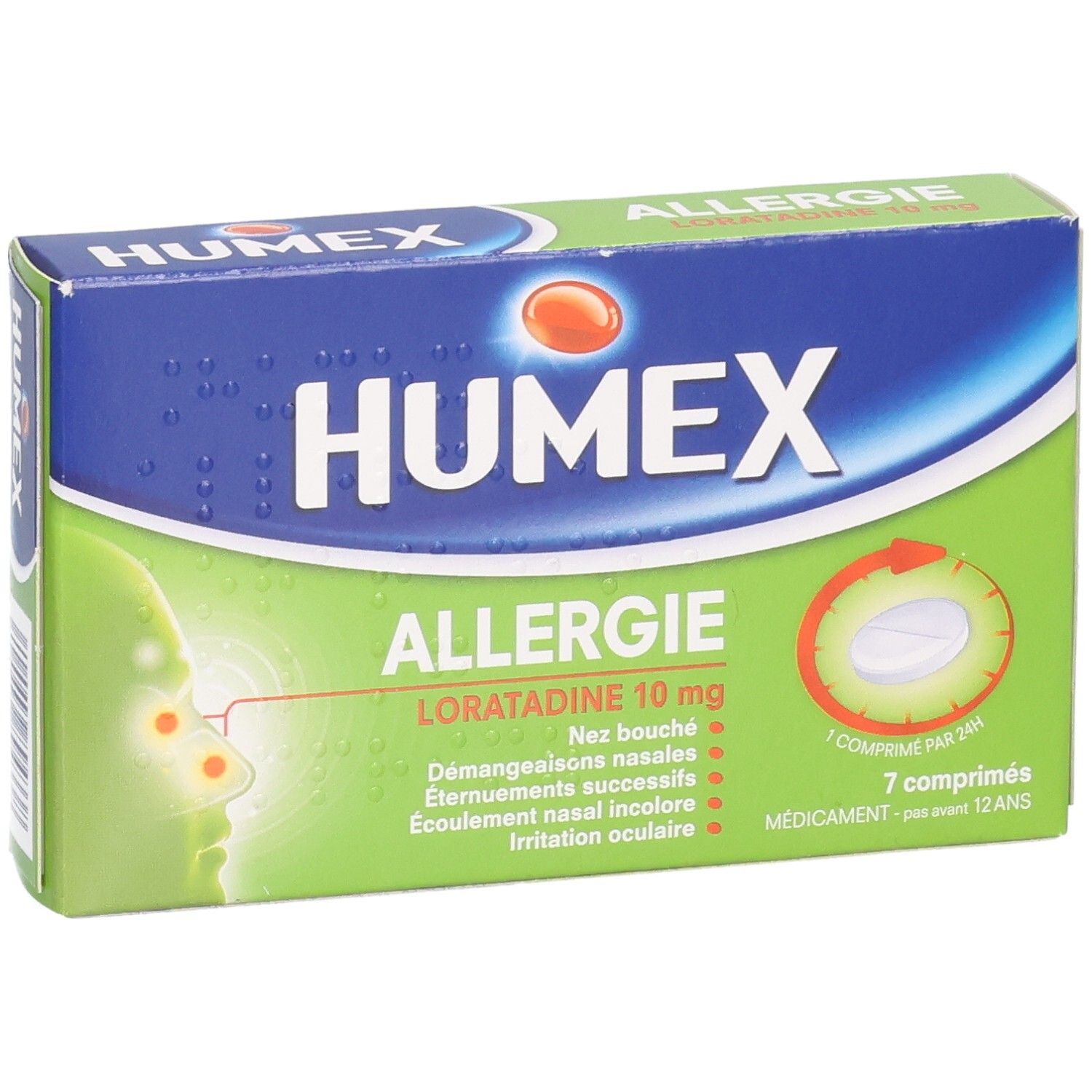Boîte Humex Allergie. Emballage bleu et vert avec logo et nom du produit. Contient 7 comprimés.