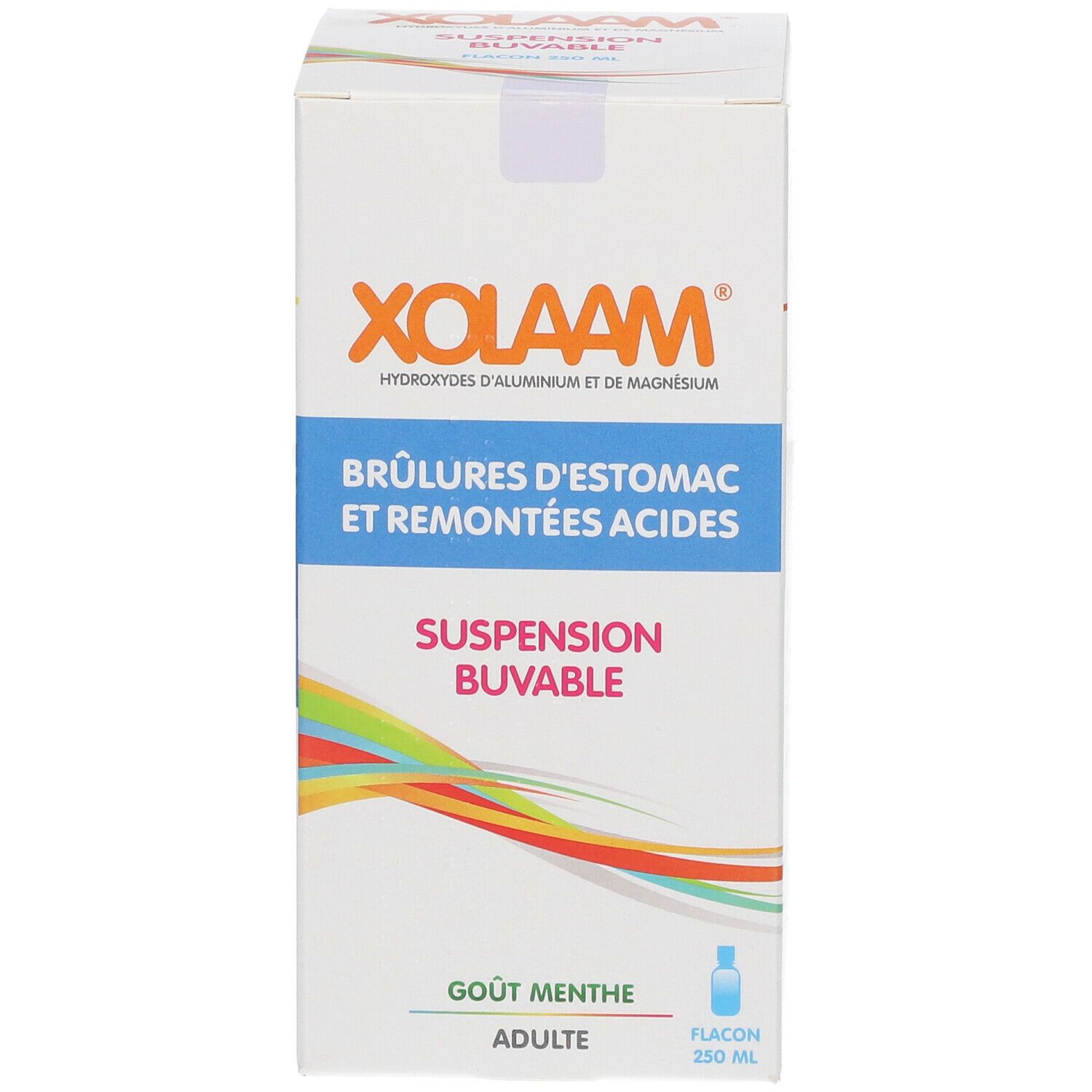 Boîte de Xolaam. Texte: Brûlures d'estomac et remontées acides. Suspension buvable. Goût menthe. Flacon 250 ml.