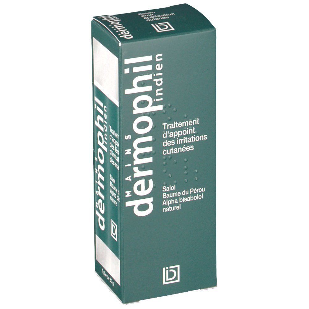 Boîte Dermophil Indien Mains. Vert, texte blanc. Inscription: Dermophil Indien, Mains. Texte: Traitement d'irritations cutanées.