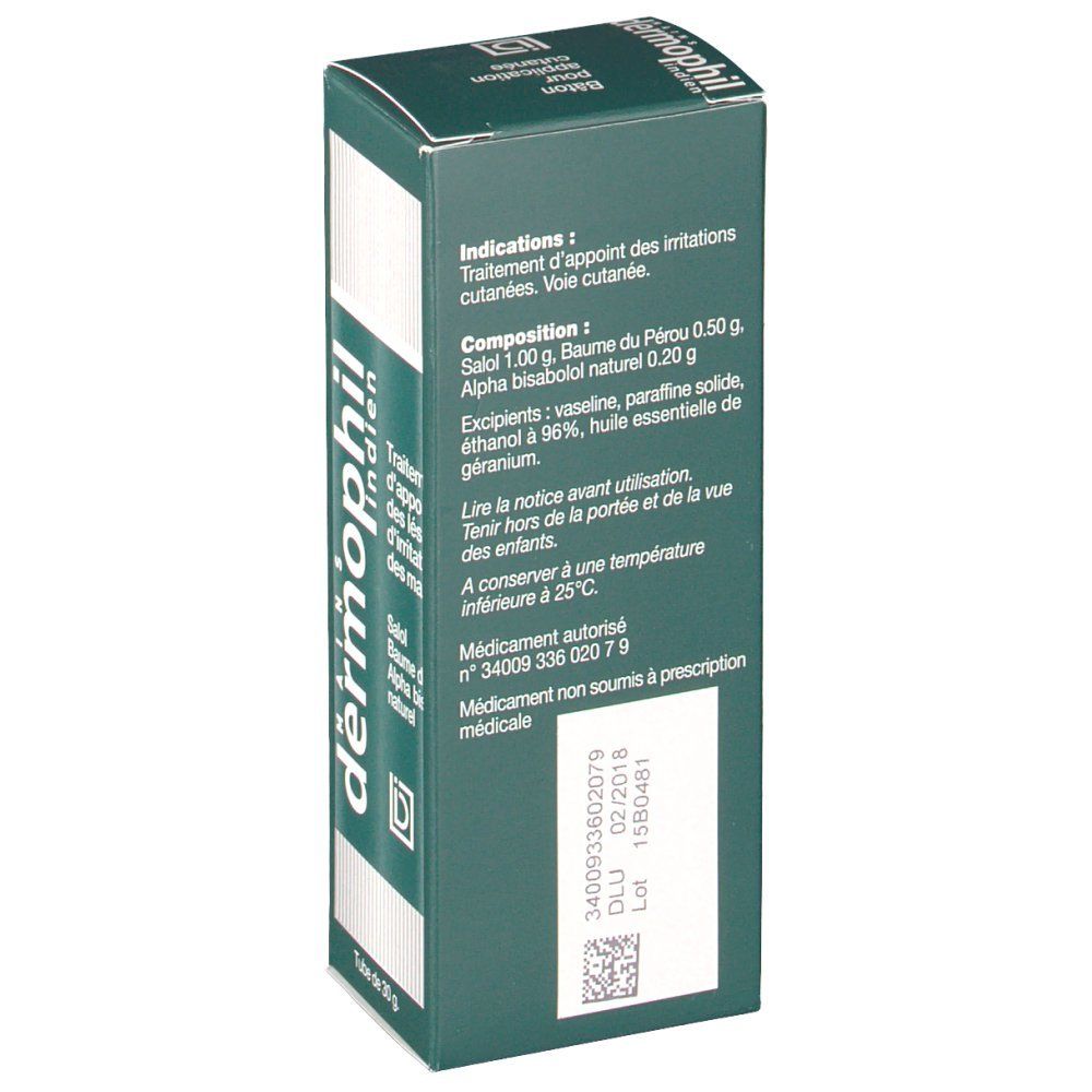 Dos de la boîte Dermophil Indien Mains. Carton vert avec texte blanc. Contient des informations sur les ingrédients et l'utilisation.