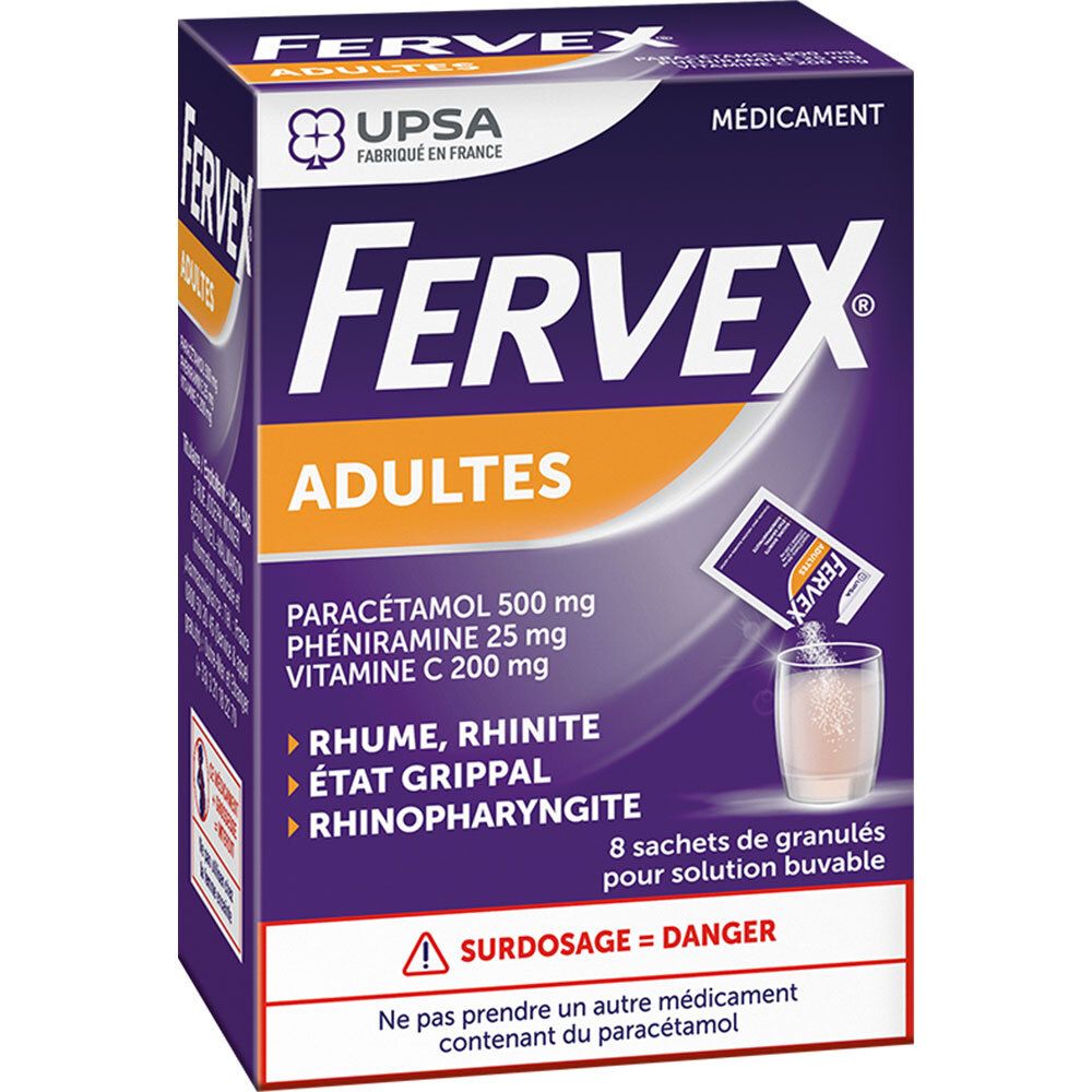 Boîte de FERVEX Adultes. Contient 8 sachets de granulés pour solution buvable. Ingrédients et avertissements visibles.