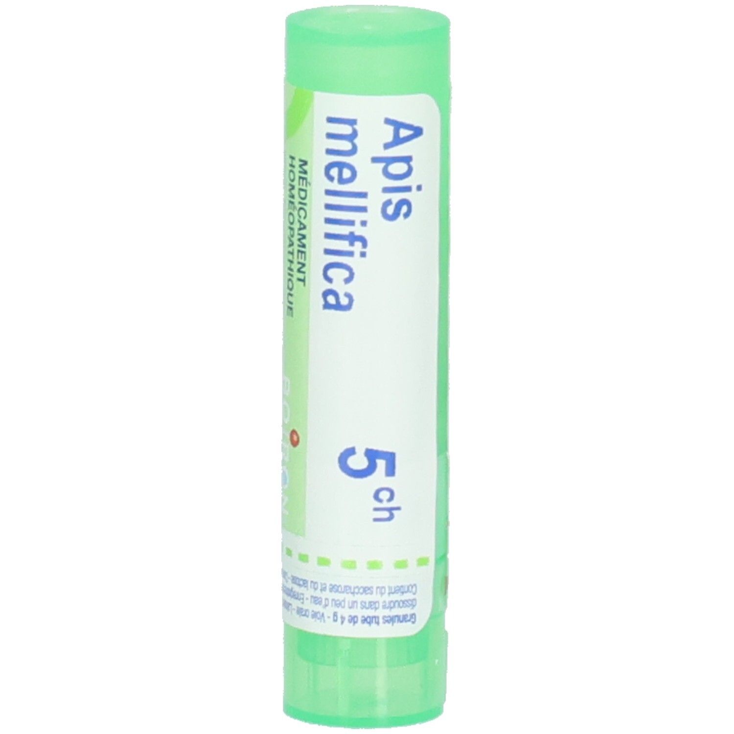 Tube vert avec inscription "Apis mellifica 5 ch".