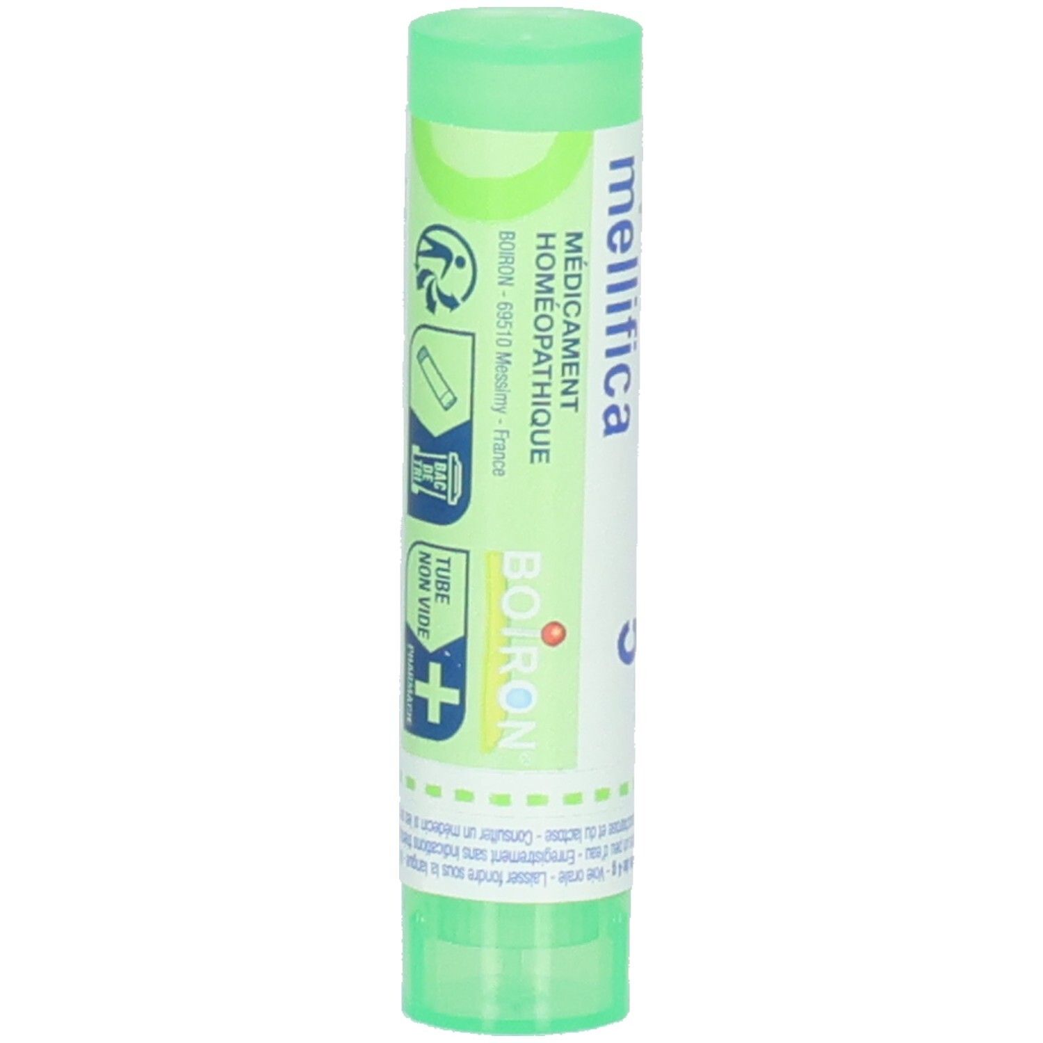 Tube vert avec inscription "Apis mellifica" et "Boiron".