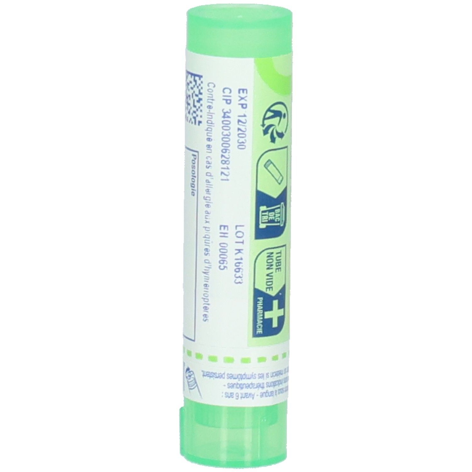 Tube vert avec date d'expiration et numéro de lot.