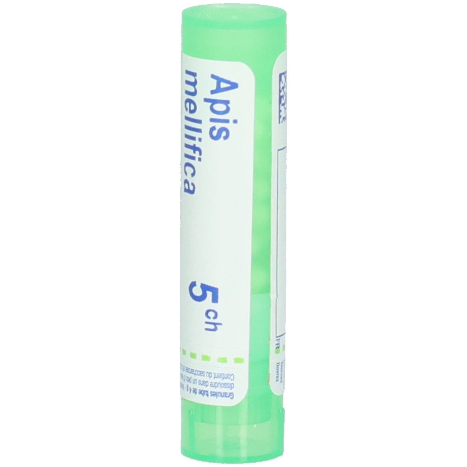 Tube vert avec inscription "Apis mellifica 5 ch".