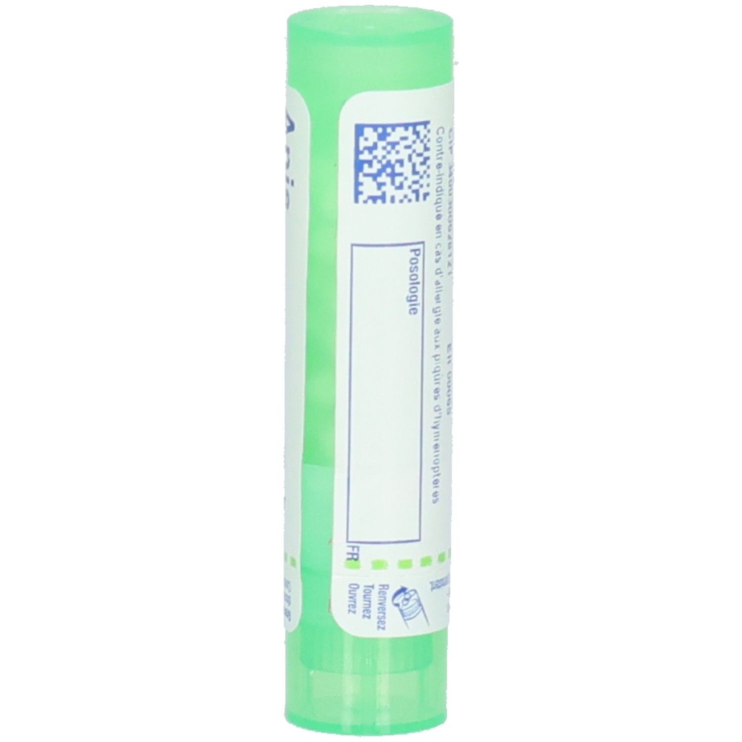 Tube vert avec QR-code et instructions de dosage.