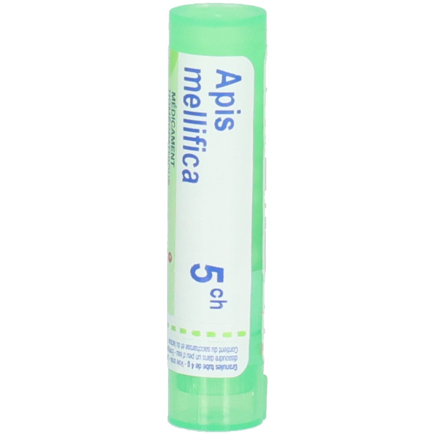 Tube vert avec inscription "Apis mellifica 5 ch".