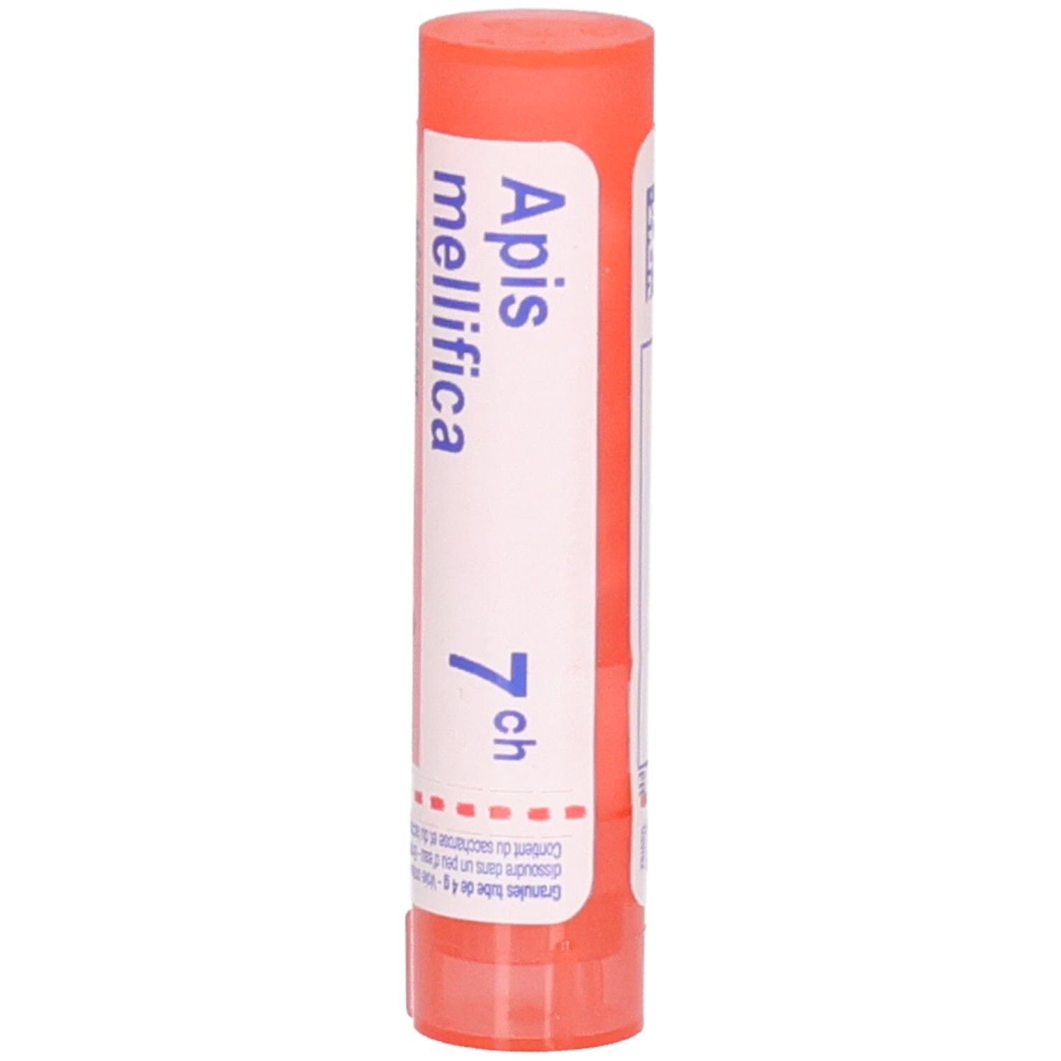 Tube cylindrique, rouge et blanc. Inscription: Apis mellifica 7 ch. Médicament homéopathique.