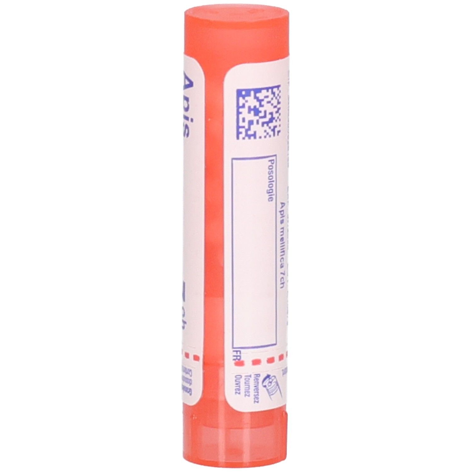 Tube cylindrique, rouge et blanc. Inscription: Apis mellifica. Code QR et texte.