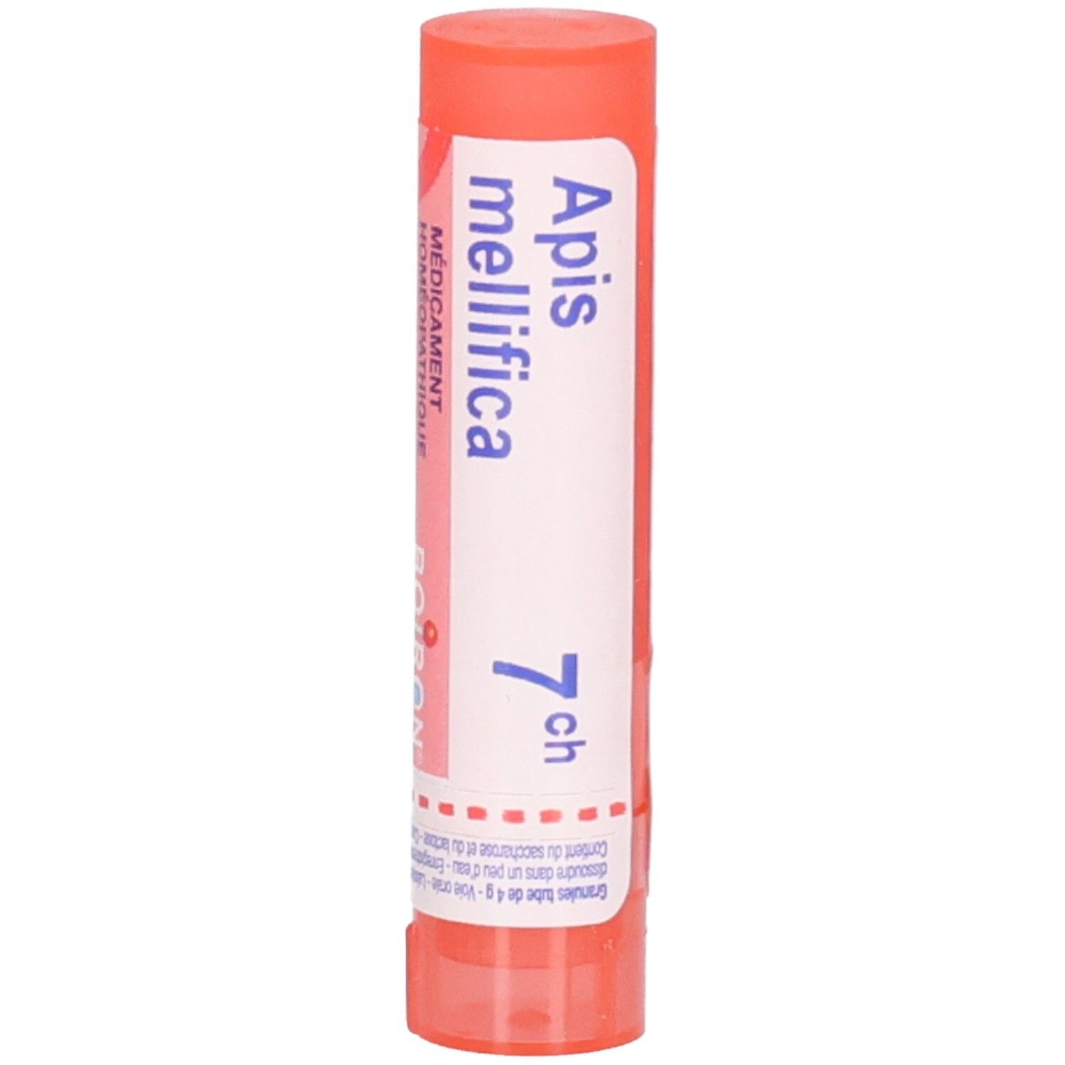 Tube cylindrique, rouge et blanc. Inscription: Apis mellifica 7 ch. Médicament homéopathique.