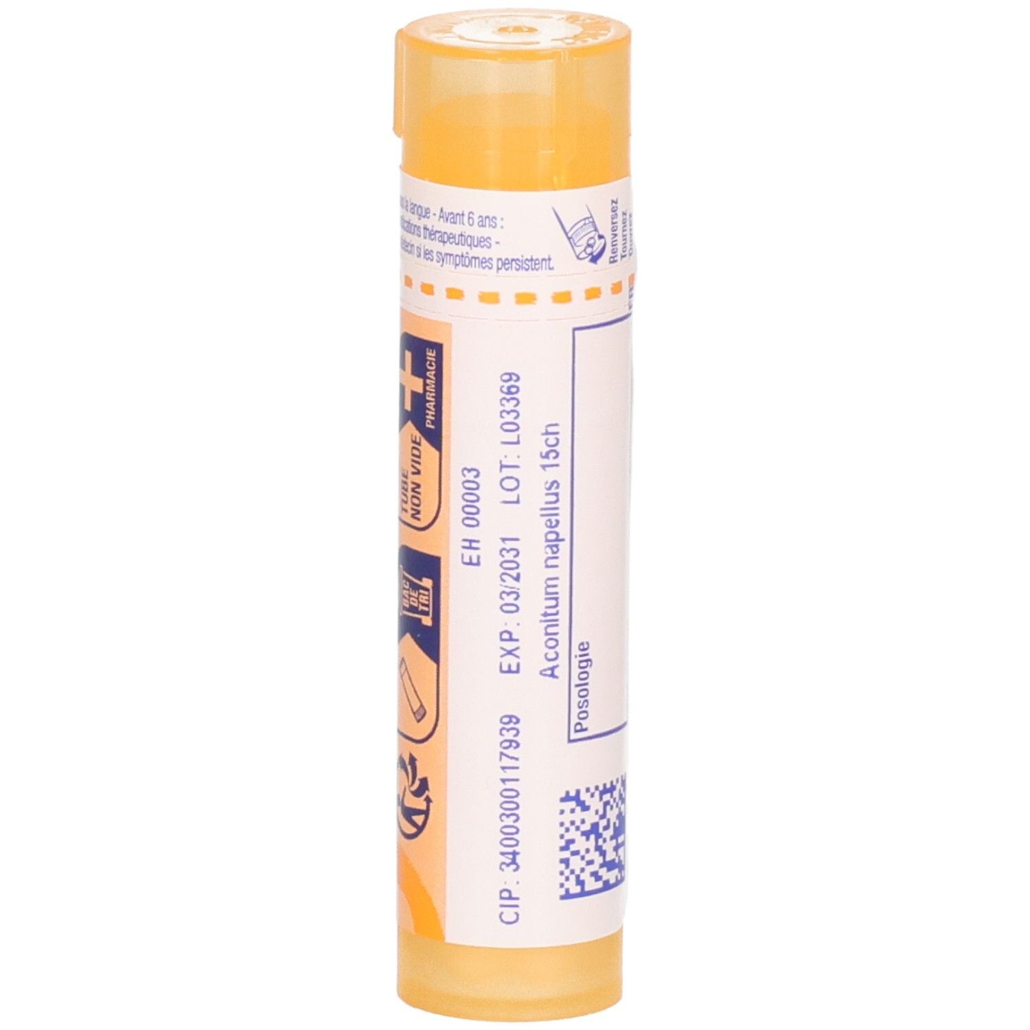 Vue latérale d'un tube Aconitum Napellus 15 ch granules Boiron.