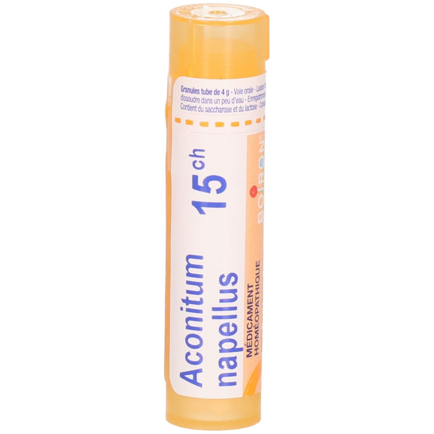 Tube Aconitum Napellus 15 ch granules Boiron, 4g, vue de face.