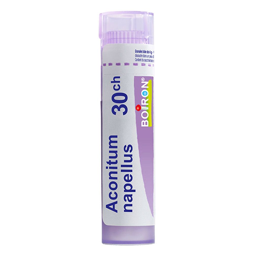 Tube de globules Boiron Aconitum Napellus 30 ch avec capuchon violet.