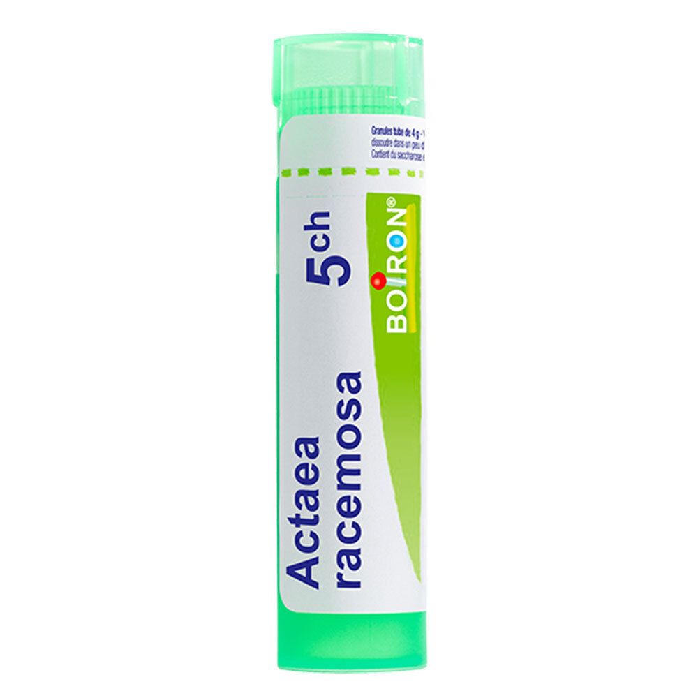 Tube de globules Boiron Actaea Racemosa 5 ch. Tube vert avec étiquette blanche.