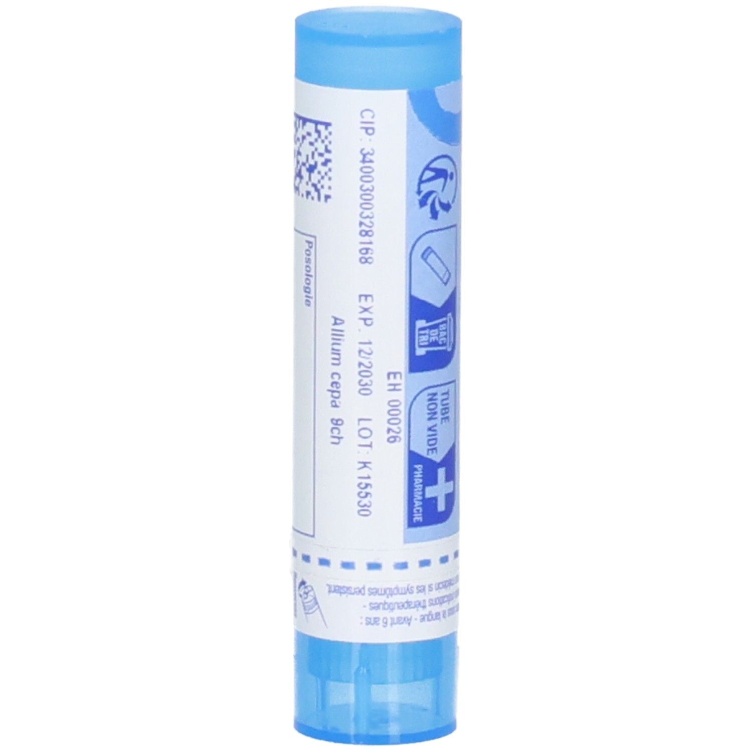 Tube Boiron Allium Cepa 9 ch avec numéro de lot et date d'expiration.