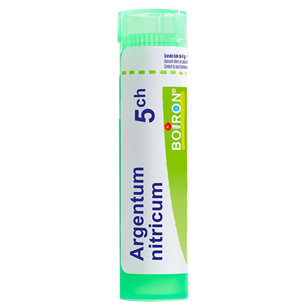 Tube de granules Boiron Argentum Nitricum 5 ch. Tube en plastique vert avec étiquette blanche.