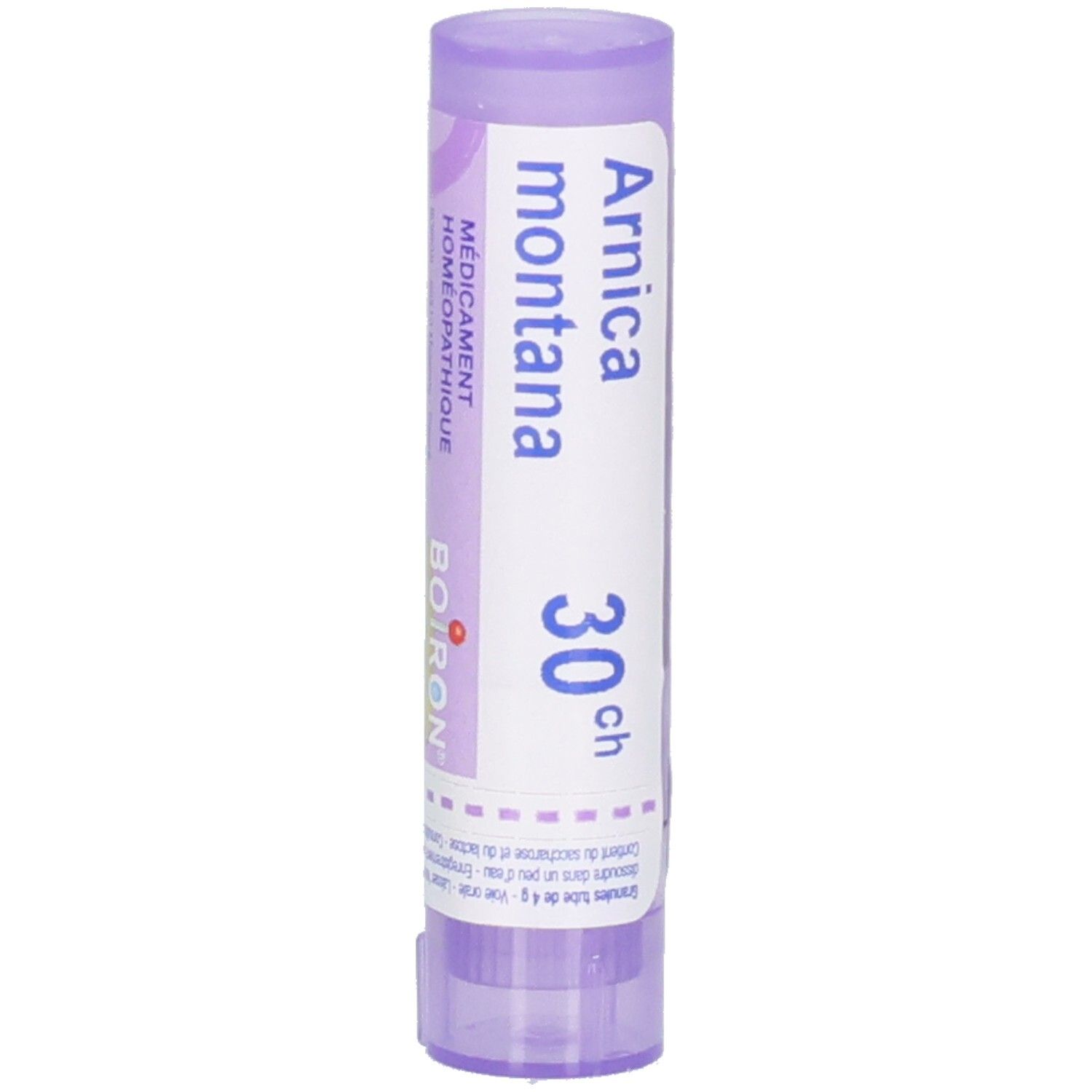 Tube cylindrique. Inscription: Arnica montana 30 ch, Boiron. Violet et blanc. Médicament.