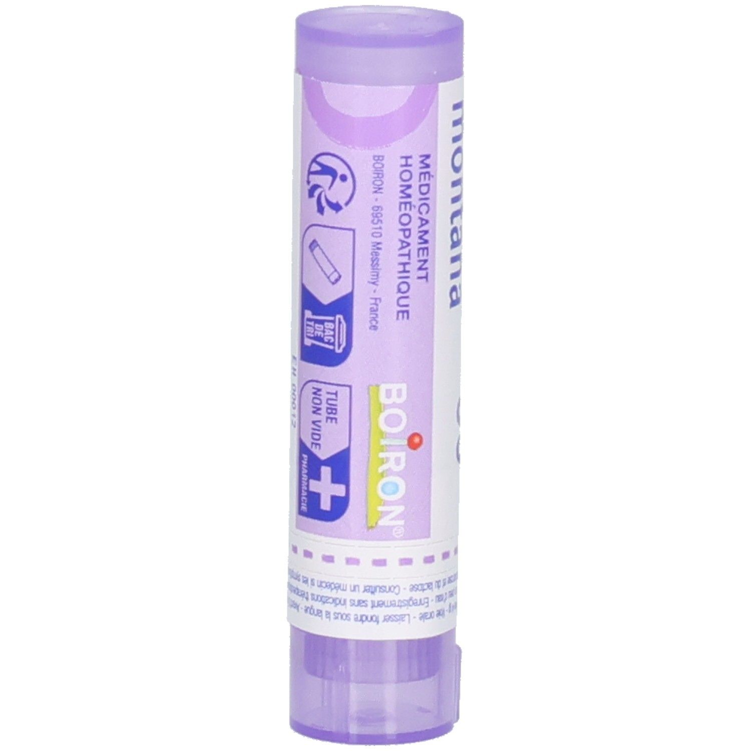 Tube cylindrique. Inscription: Boiron, Tube non vide. Violet et blanc. Médicament.