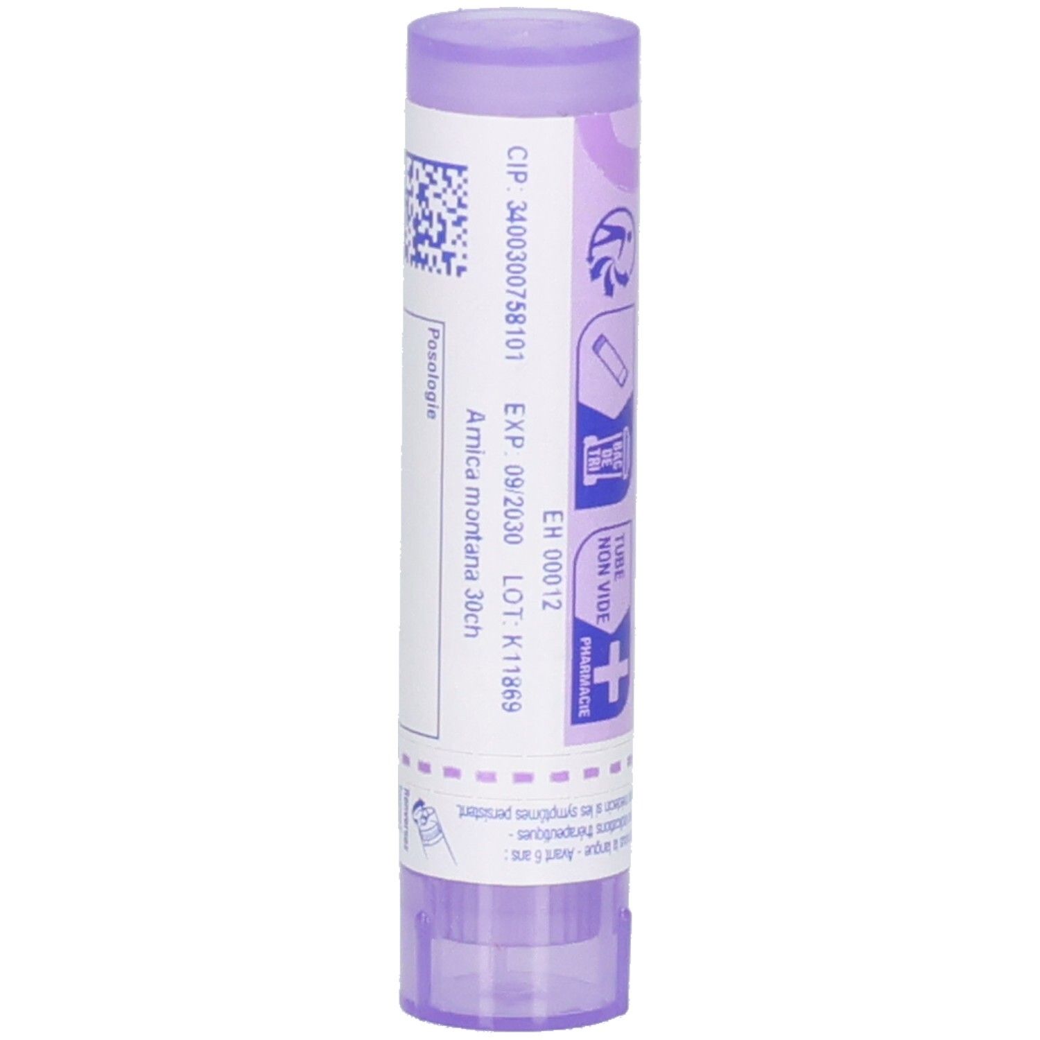 Tube cylindrique. Inscription: Arnica montana 30ch, EXP 09/2030. Violet et blanc. Médicament.