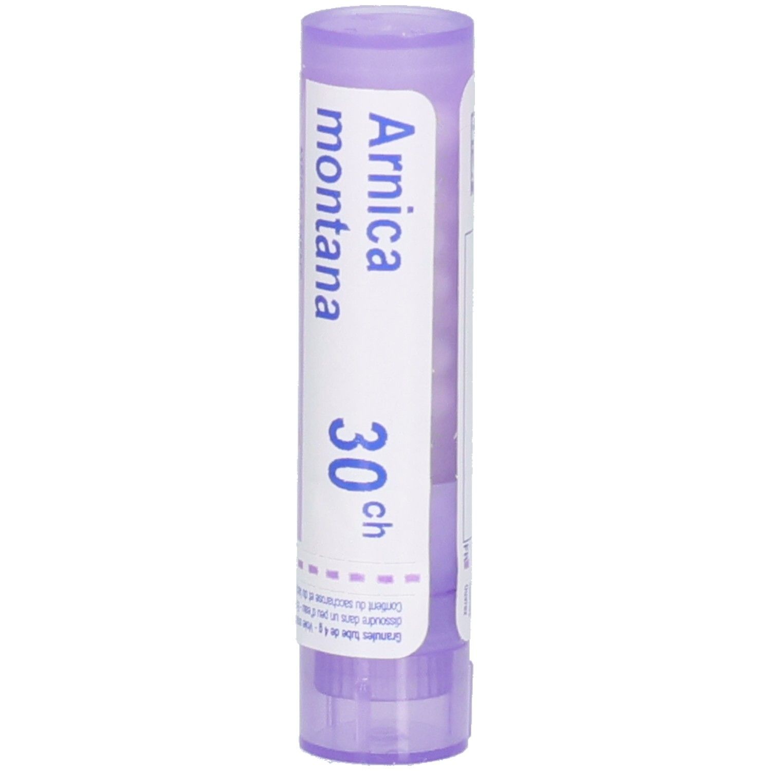 Tube cylindrique. Inscription: Arnica montana 30 ch, Boiron. Violet et blanc. Médicament.