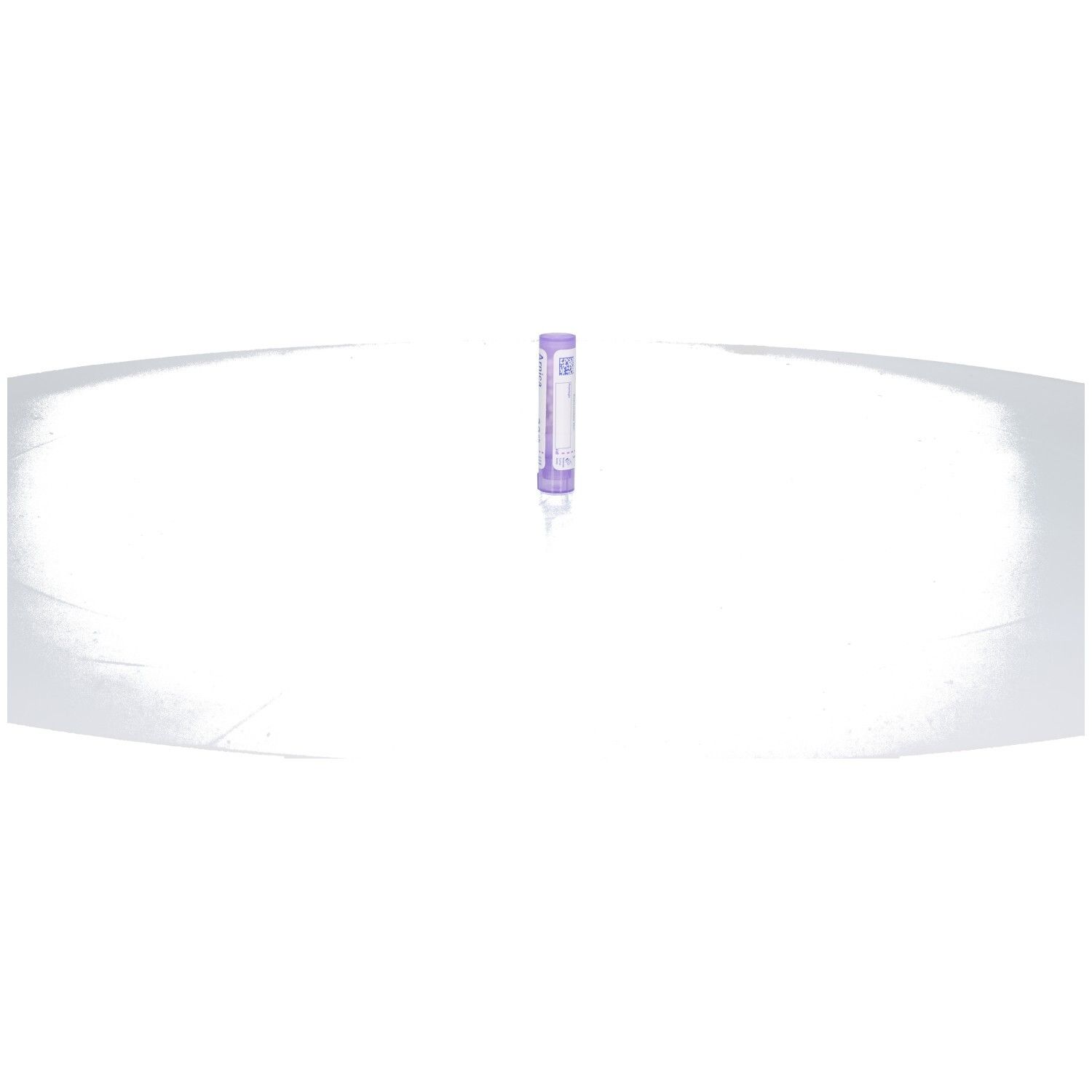 Tube cylindrique, isolé. Inscription: Arnica montana 30 ch, Boiron. Violet et blanc. Médicament.