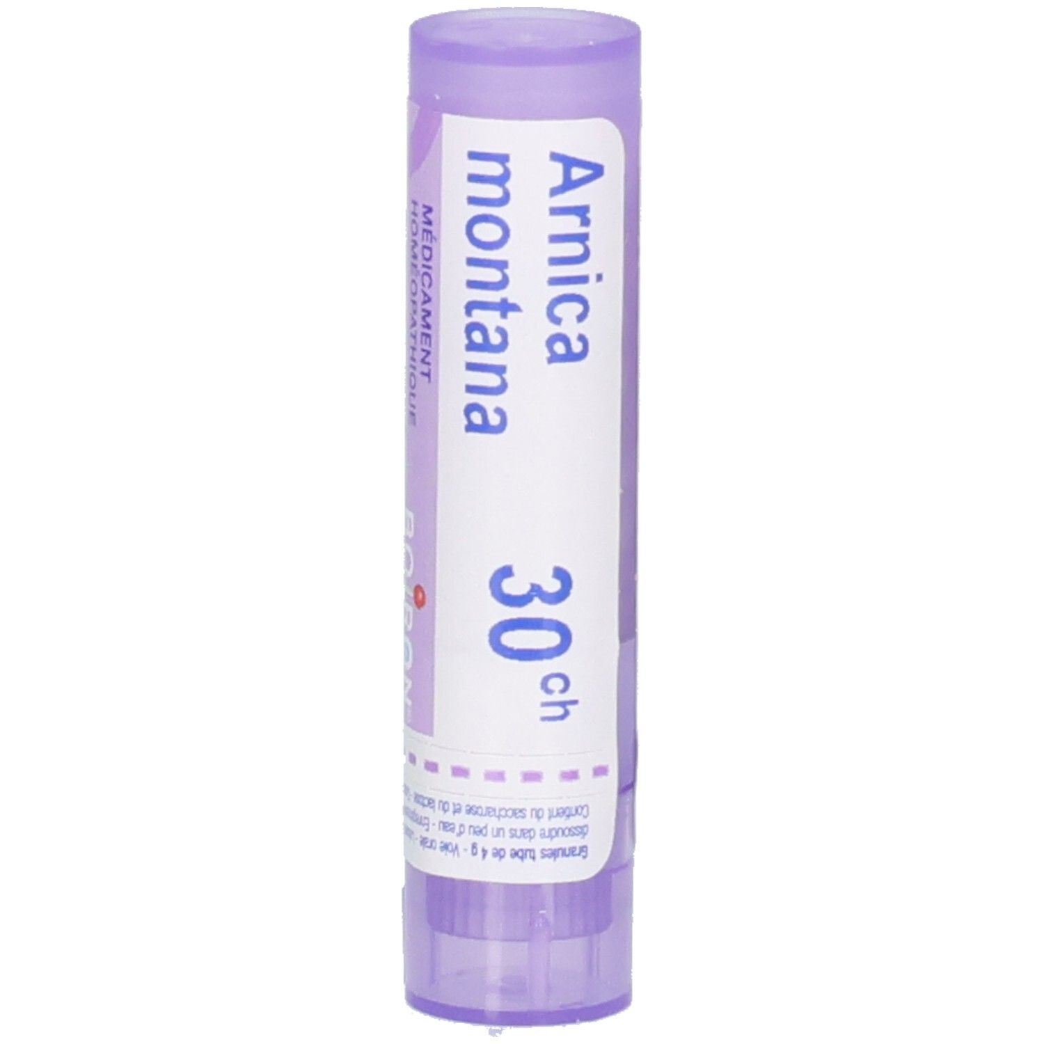 Tube cylindrique. Inscription: Arnica montana 30 ch, Boiron. Violet et blanc. Médicament.