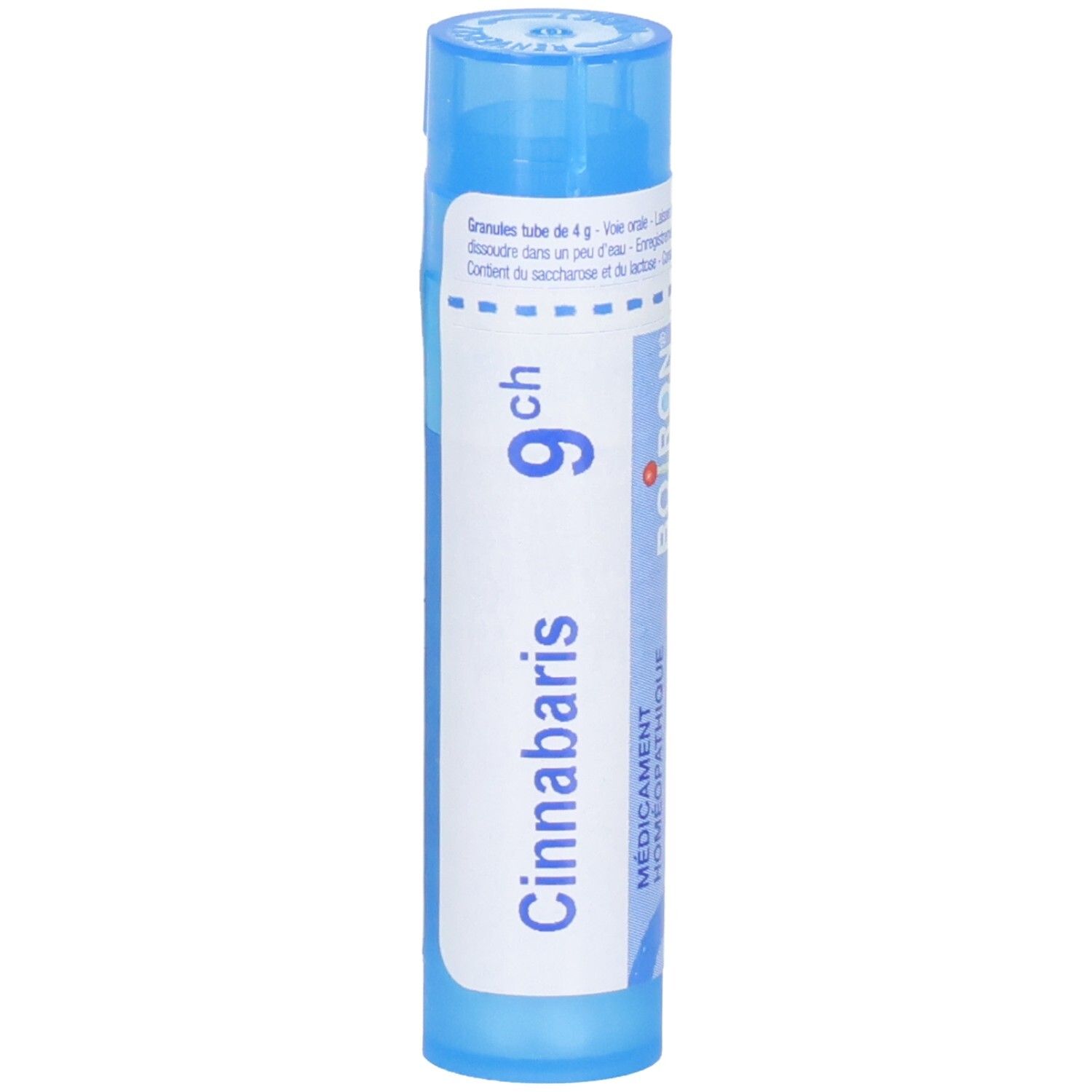 Tube de granules Boiron Cinnabaris 9ch. Tube bleu avec étiquette blanche.
