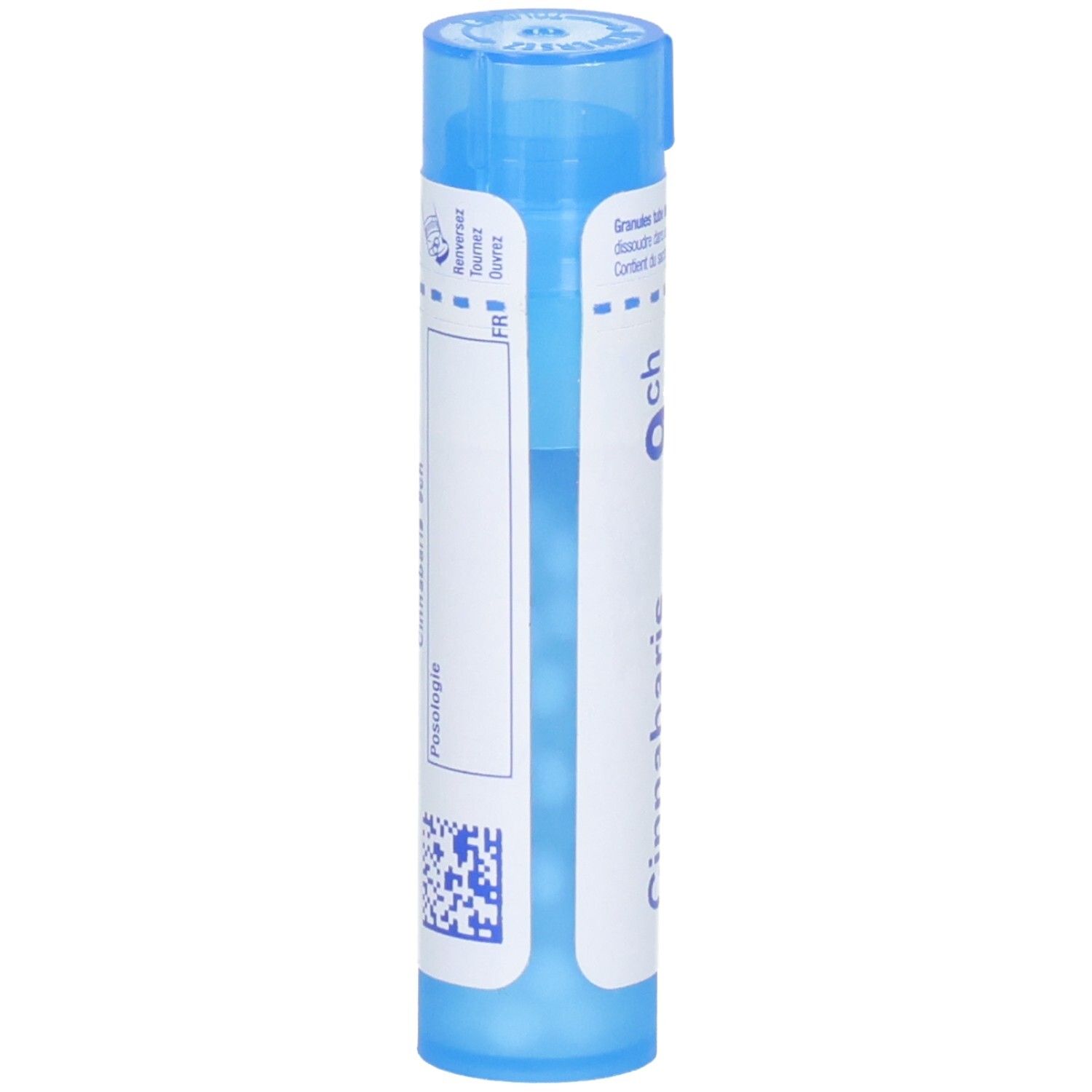 Tube de granules Boiron Cinnabaris 9ch, verso. Tube bleu avec étiquette blanche et informations.