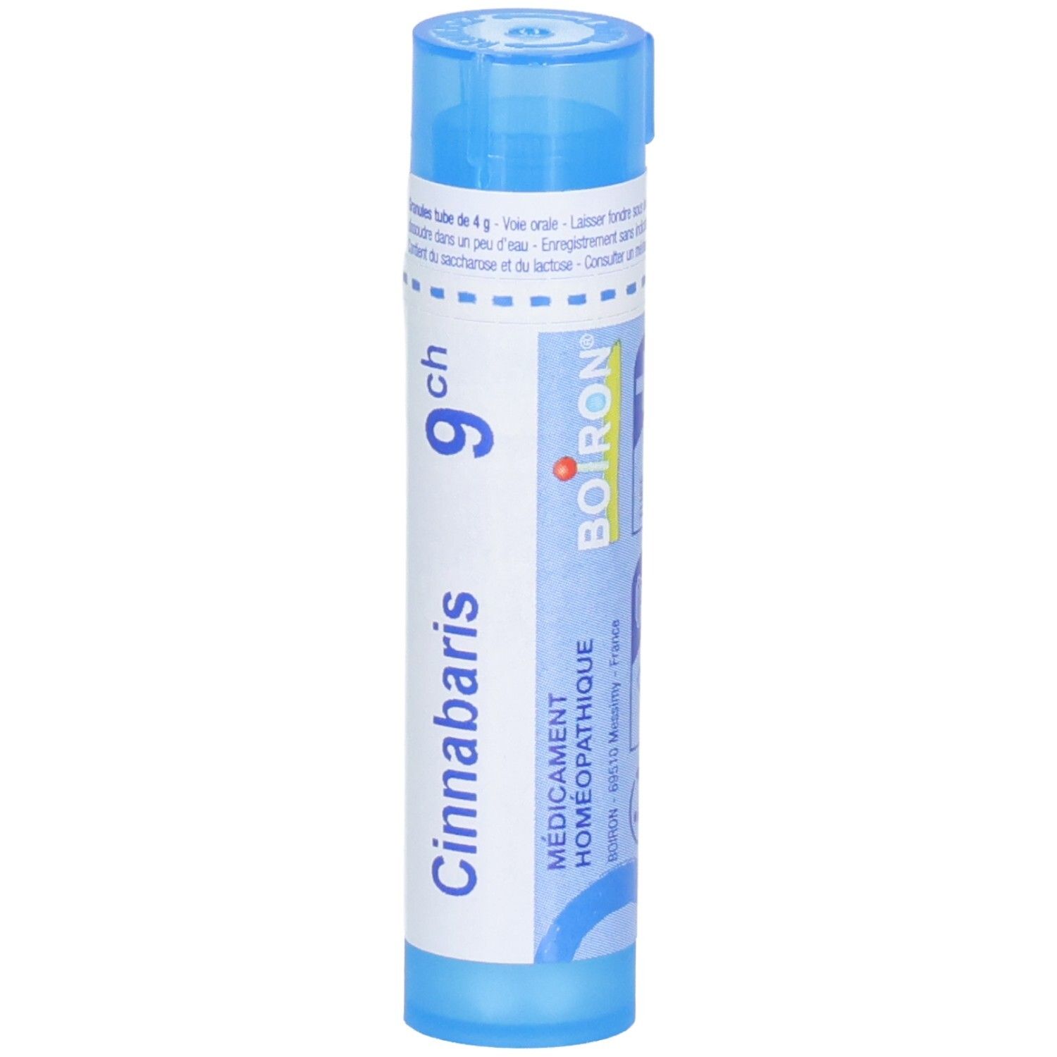 Tube de granules Boiron Cinnabaris 9ch. Tube bleu avec étiquette blanche, logo Boiron et 'Médicament Homéopathique'.