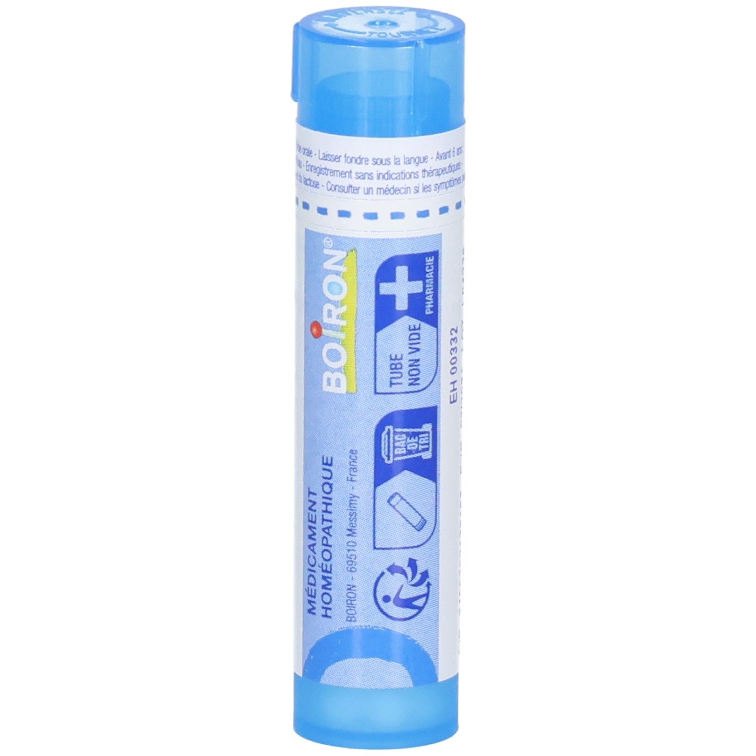 Tube de granules Boiron Cinnabaris 9ch. Tube bleu avec étiquette blanche, logo Boiron et symbole homéopathique.