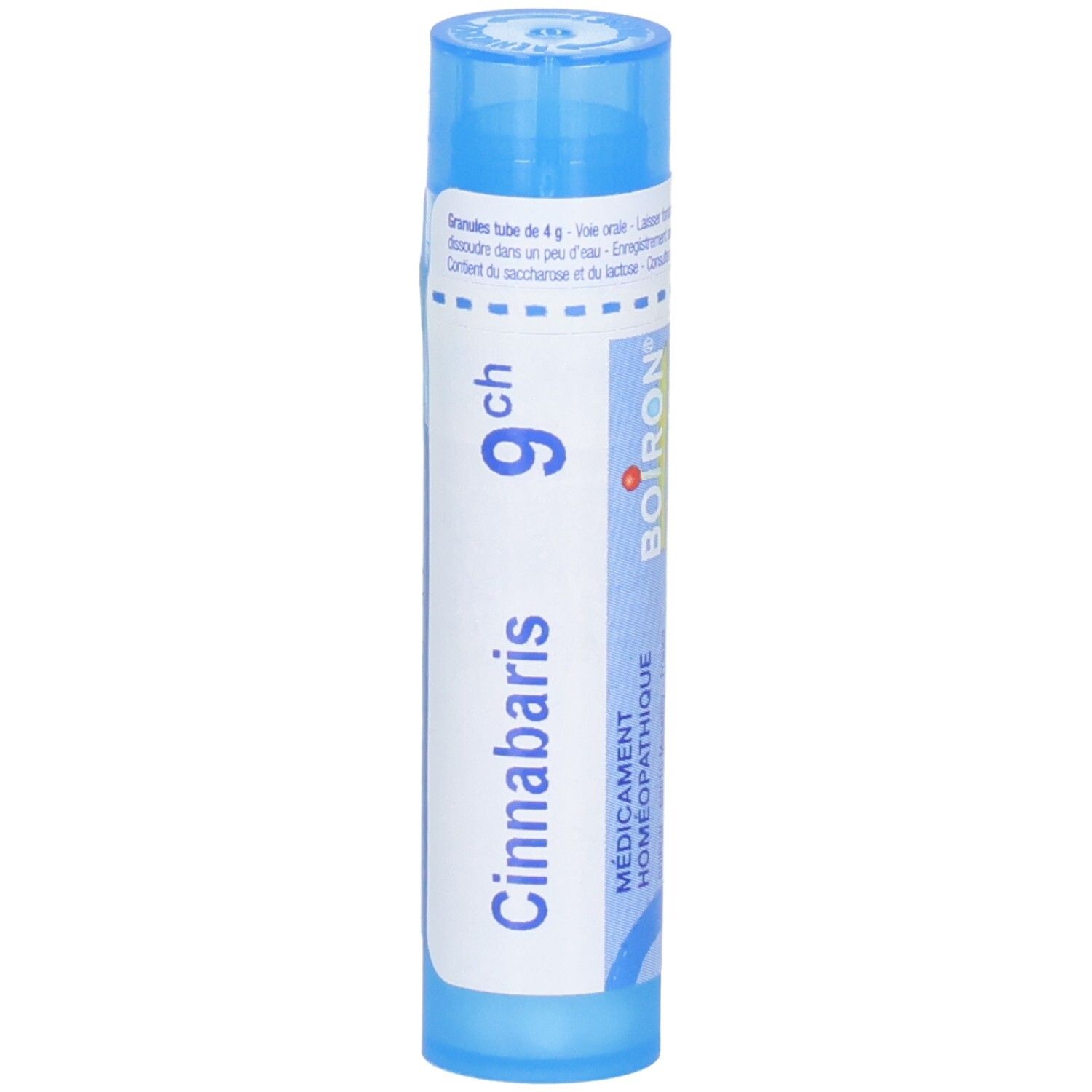 Tube de granules Boiron Cinnabaris 9ch. Tube bleu avec étiquette blanche, logo Boiron et 'Médicament Homéopathique'.