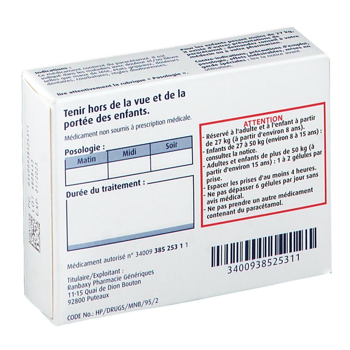 Paracétamol Ranbaxy 500 mg