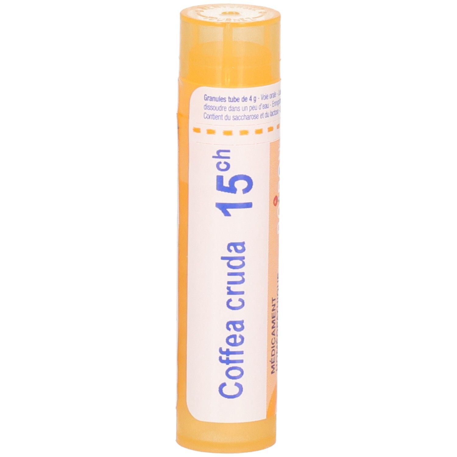 Tube de granules Boiron Coffea Cruda 15 ch, 4g. Tube jaune avec étiquette blanche.