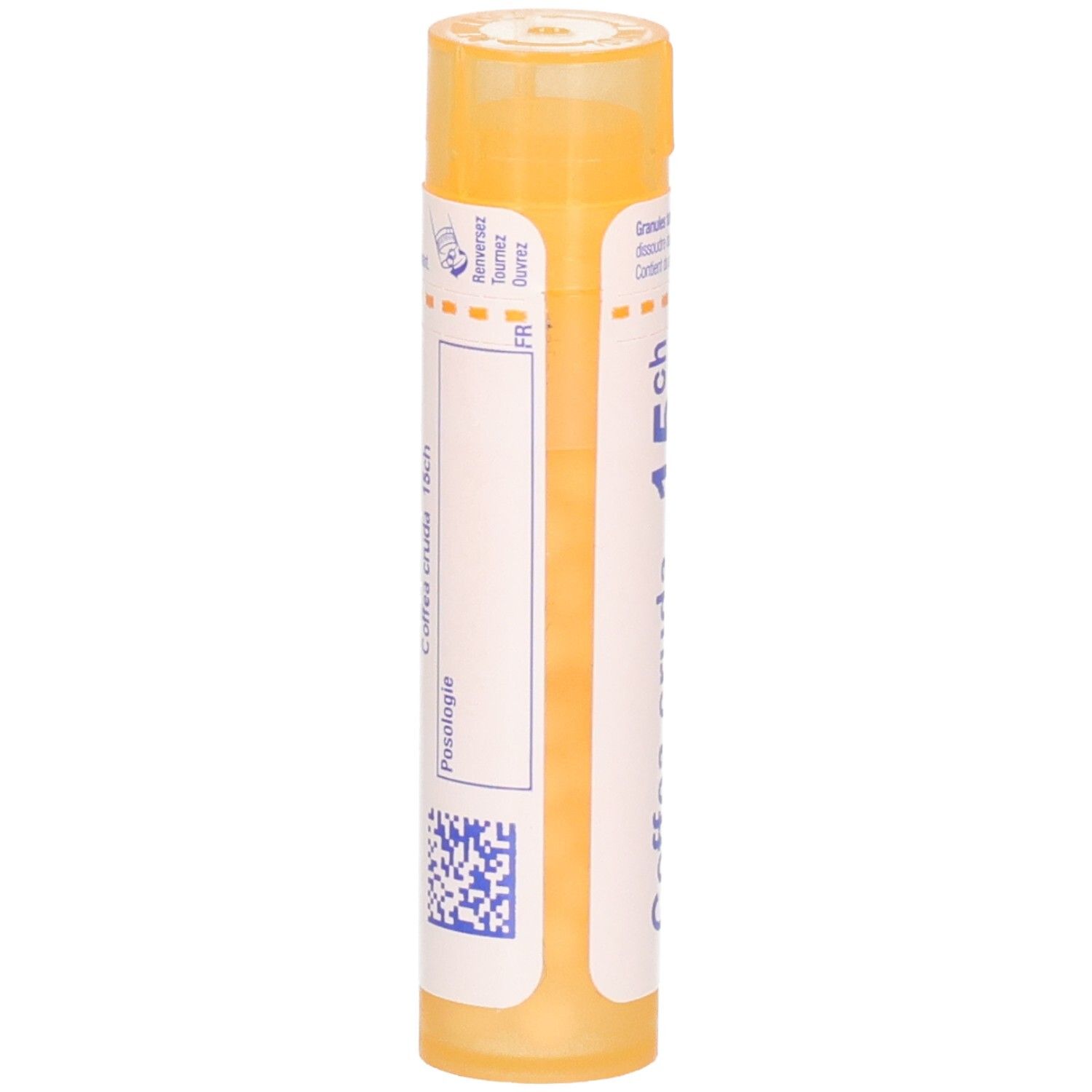 Arrière du tube de granules Boiron Coffea Cruda 15 ch. Contient des instructions de dosage.